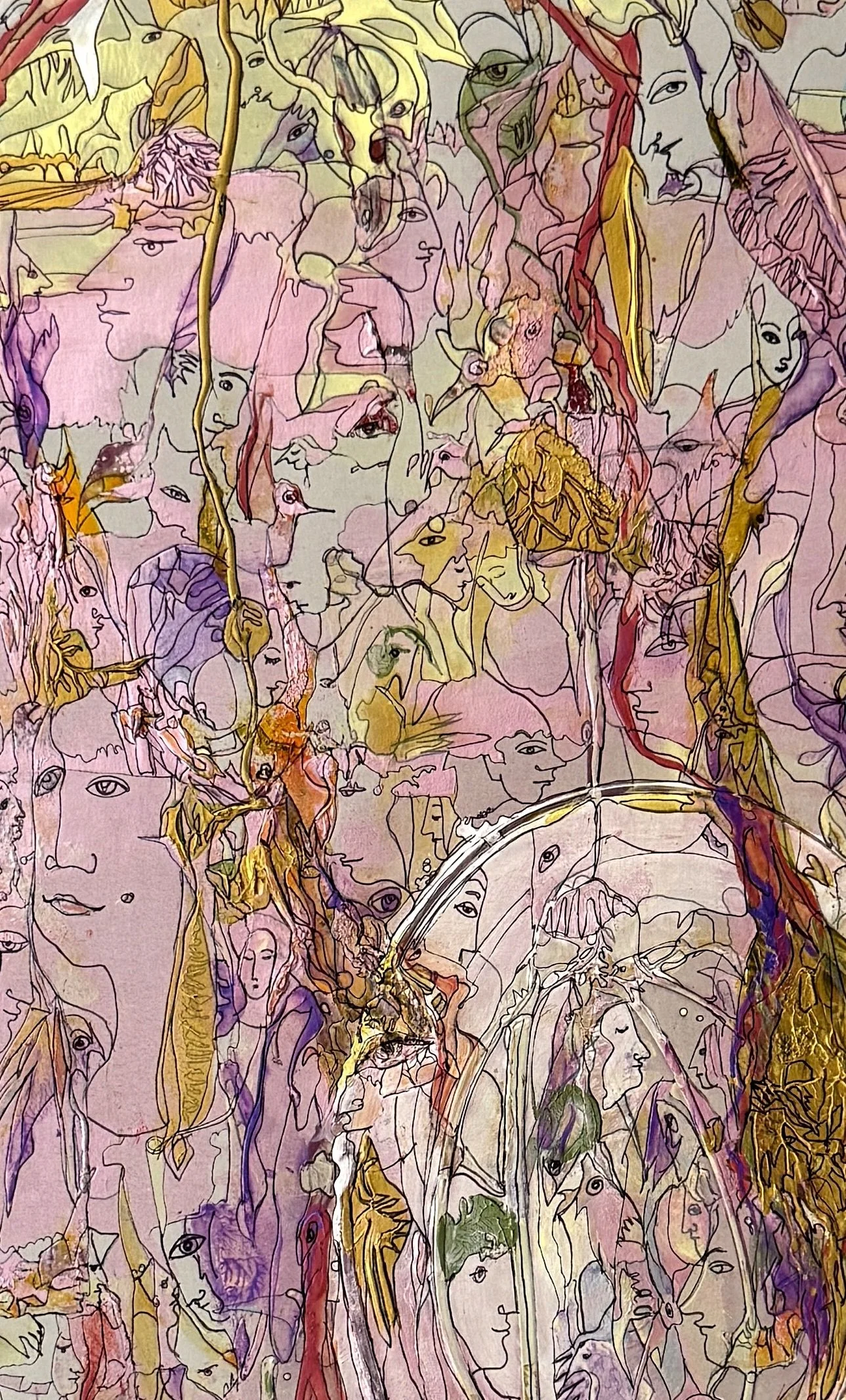 Above-center detail of Melody featuring layered human faces, birds, botanical forms, and flowing surreal imagery in soft pink, violet, and gold tones.