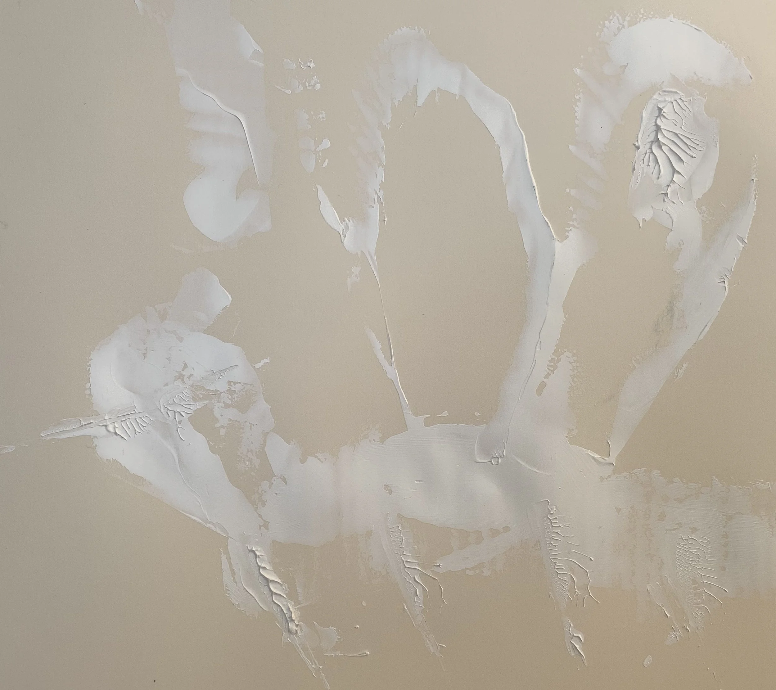 Center detail of The Bee showing raised white acrylic textures forming delicate bee-like wings, botanical structures, and subtle sculptural relief.