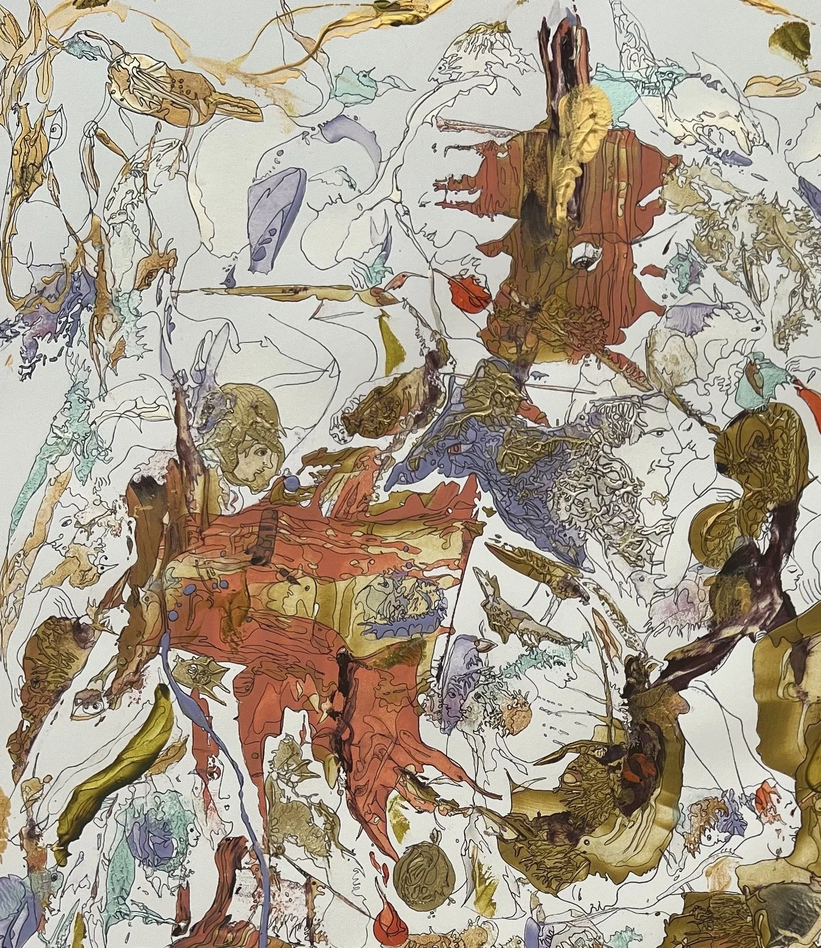 Top left detail of Sounds of Music featuring symbolic portraits, birds, organic forms, and intricate contemporary figurative linework.