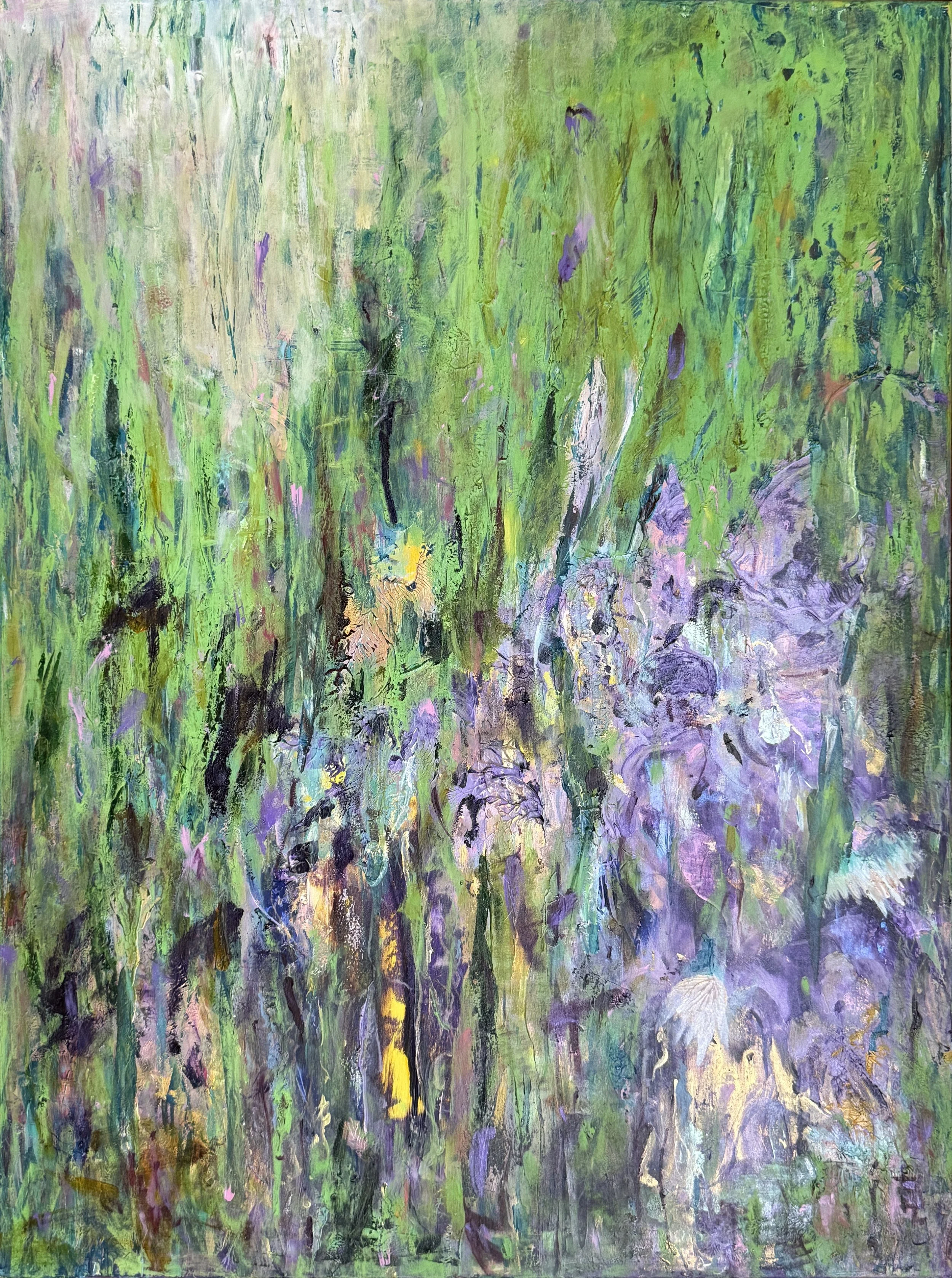 Irises in the Summer Garden, original acrylic painting on canvas by Yelena Lezhen featuring expressive green foliage and abstract violet iris flowers in a lush summer landscape