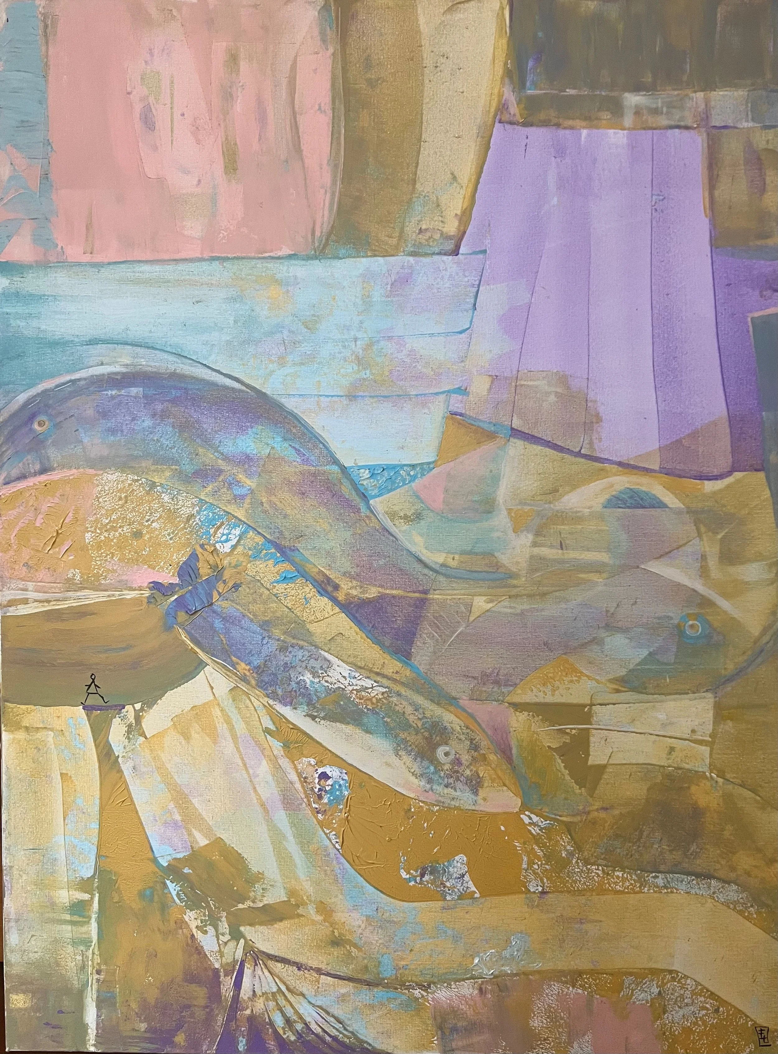 The Bridge, original acrylic painting on canvas by Yelena Lezhen featuring symbolic fish, a small walking figure, bridge-like forms, and layered abstract architecture in blue, lavender, and gold.