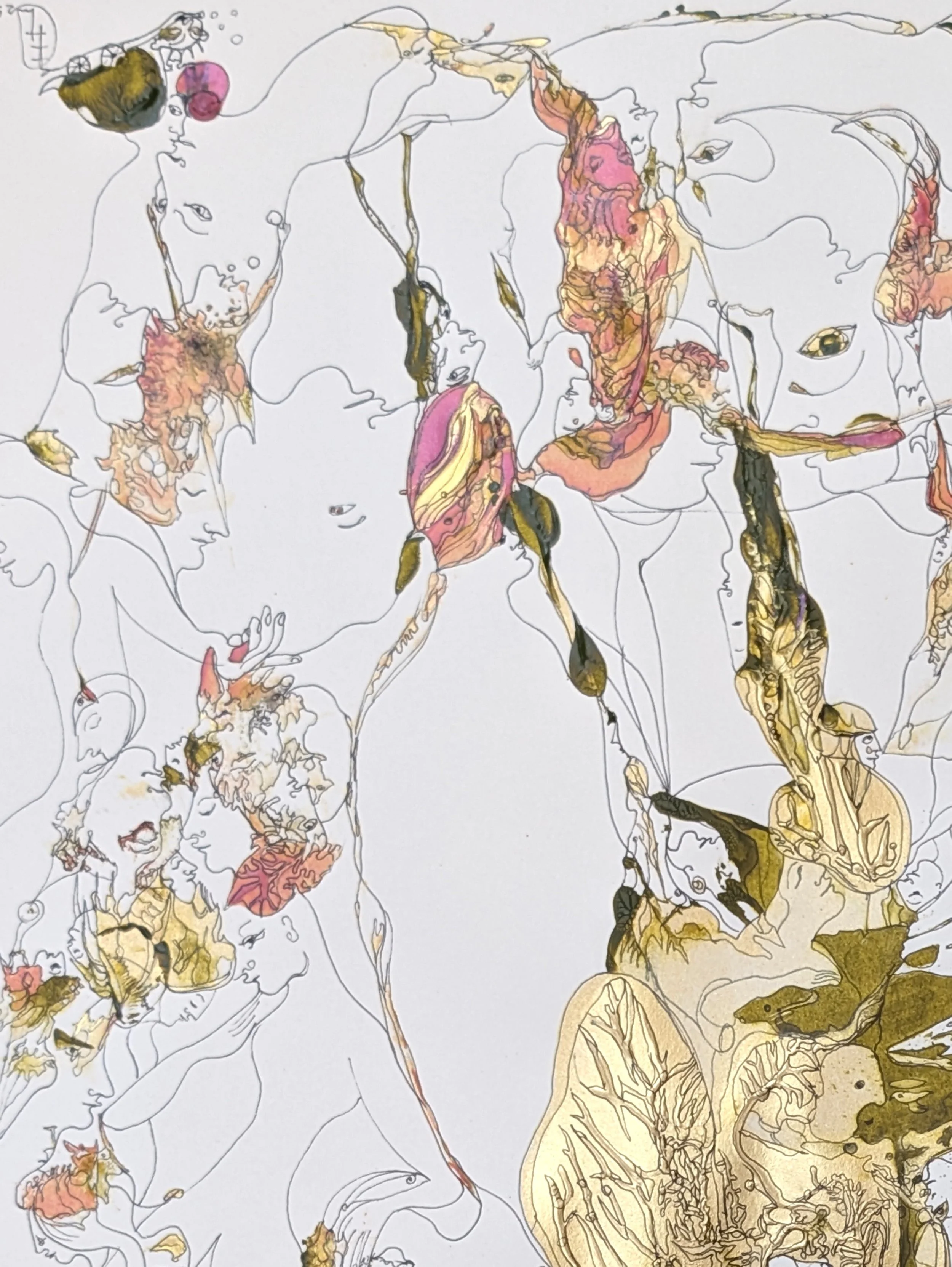Top-left detail of A New Spin of Things showing layered faces, birds, organic forms, and symbolic surreal imagery in warm earth tones and coral accents.