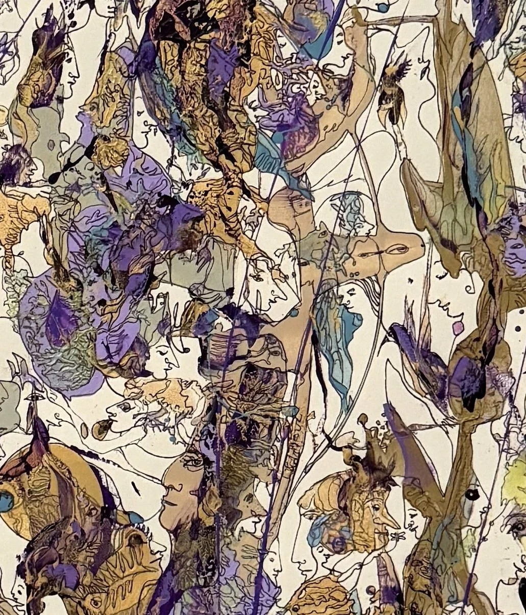 Center detail of The Reflection of Eternity highlighting layered symbolic faces, expressive ink lines, abstract figures, and luminous violet, gold, and turquoise forms.