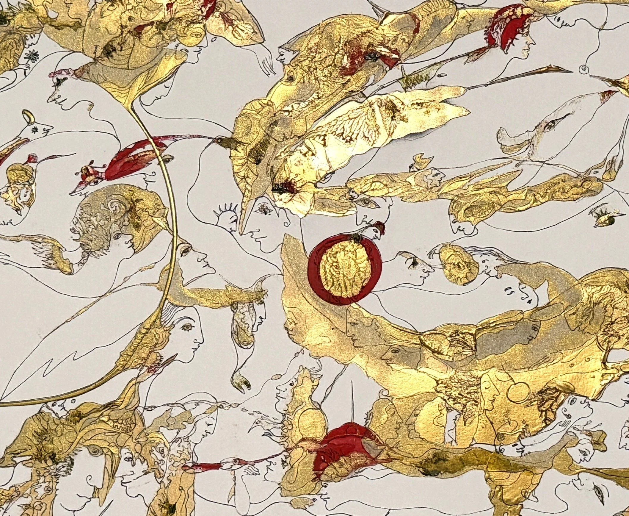 Center detail of The Weave of Consciousness showing symbolic faces, birds, luminous gold forms, and intricate acrylic and ink linework.