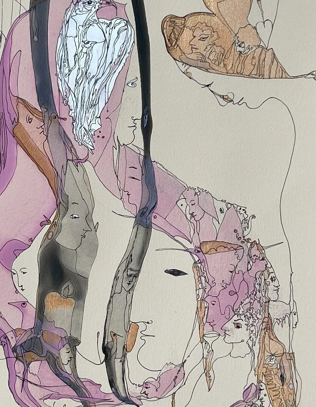 Center detail of The Song of Birds highlighting layered portrait profiles, symbolic birds, and delicate ink and watercolor textures.