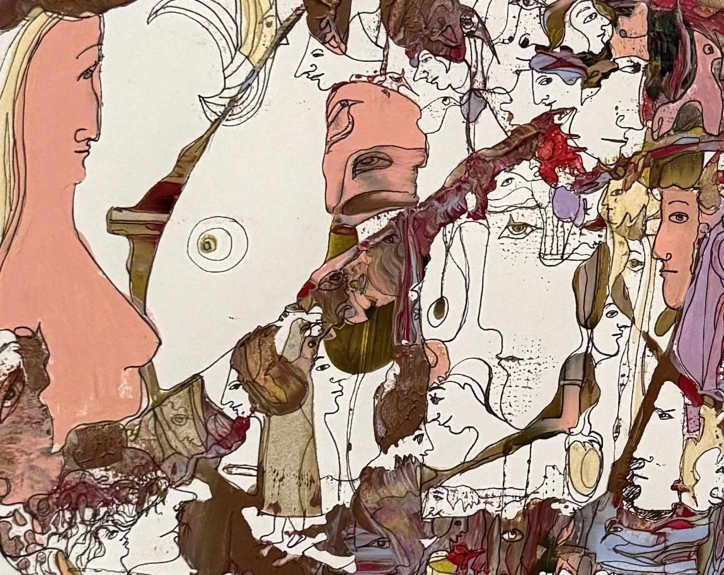 Center-left detail of Tower of Songs featuring expressive faces, symbolic forms, birds, and delicate surreal linework in warm earth tones and soft reds.
