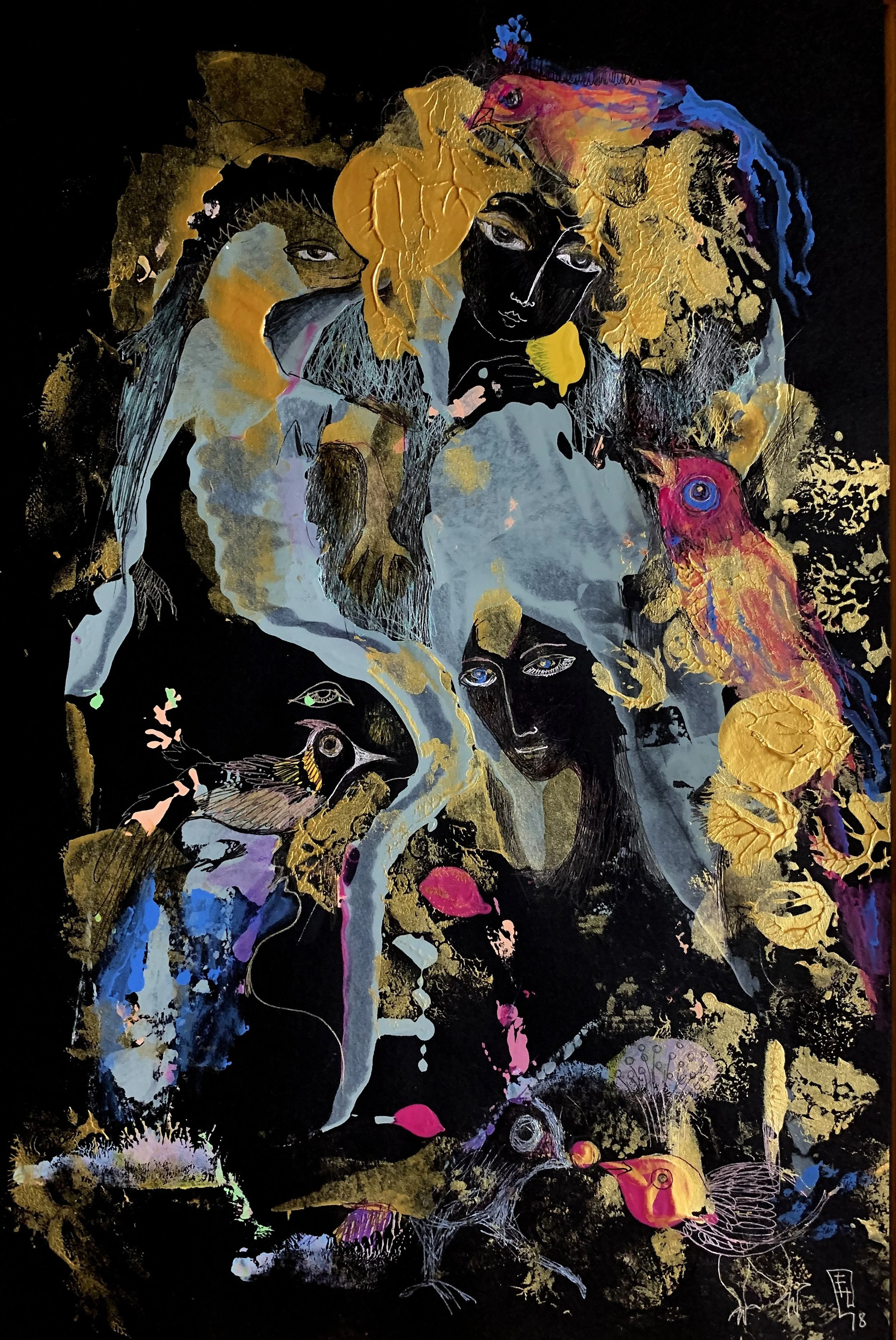 Caribbean Dream, original acrylic and ink painting on paper by Yelena Lezhen featuring symbolic human faces, colorful tropical birds, and gold accents against a black background.