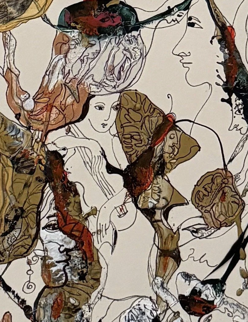 Center detail of Poetic Imagination highlighting symbolic faces, delicate birds, flowing line work, and layered abstract figurative imagery.
