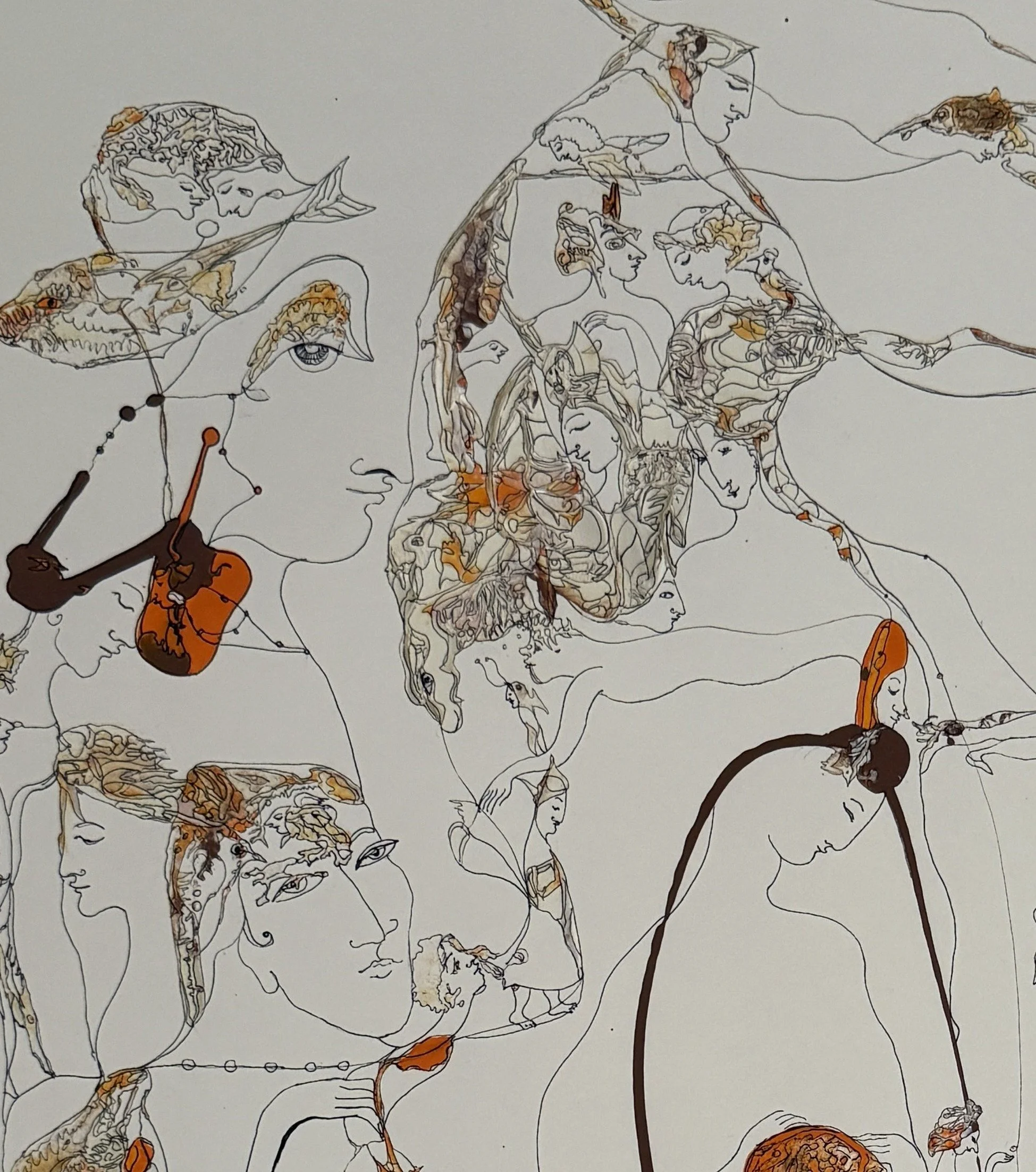 Top-left detail of Orange Thoughts showing layered human faces, birds, symbolic imagery, and intricate surreal linework highlighted with orange accents.