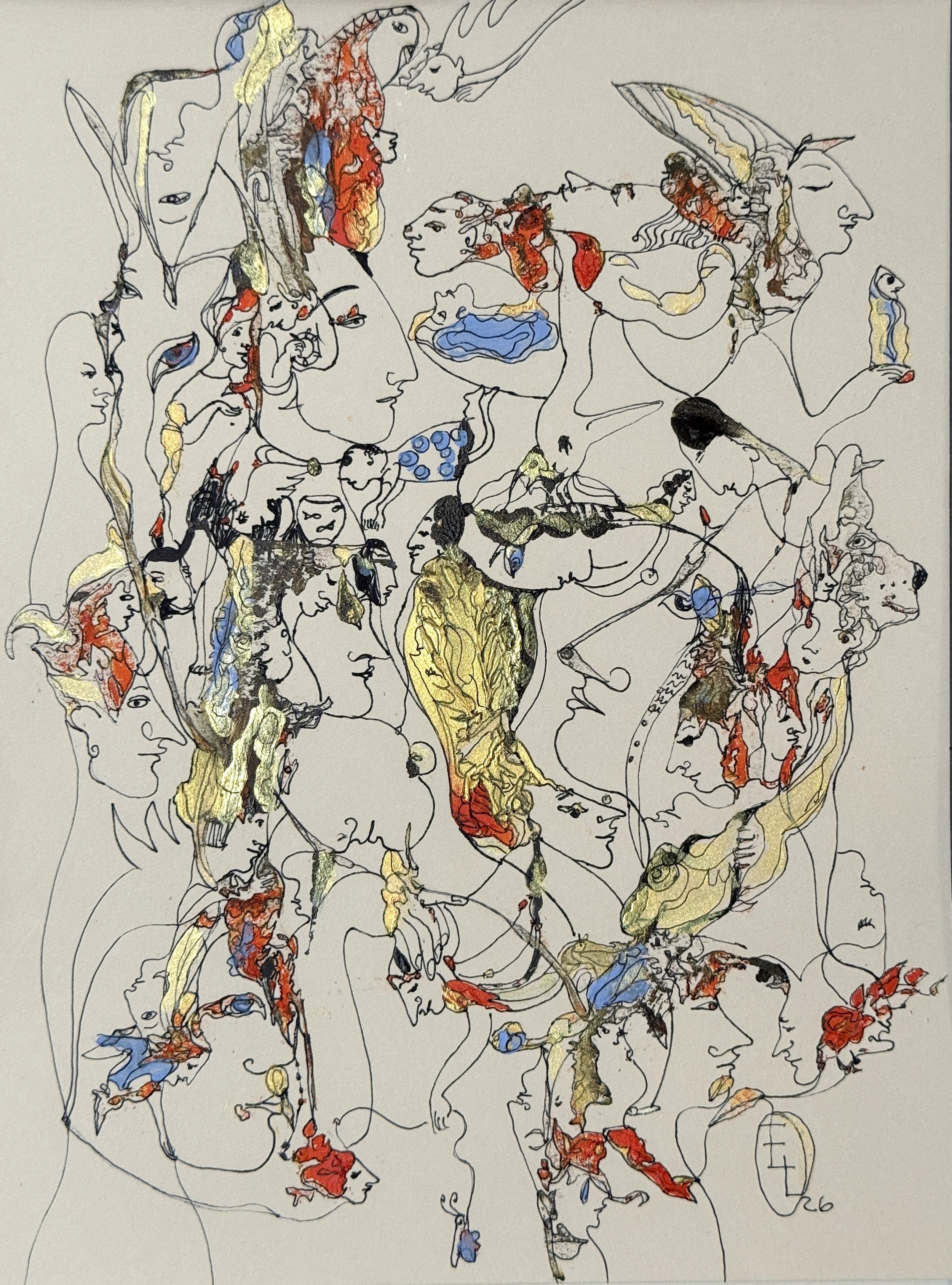 Positive Thinking, original acrylic and ink painting on paper by Yelena Lezhen featuring symbolic faces, birds, and colorful surreal figurative imagery expressing optimism and imagination.
