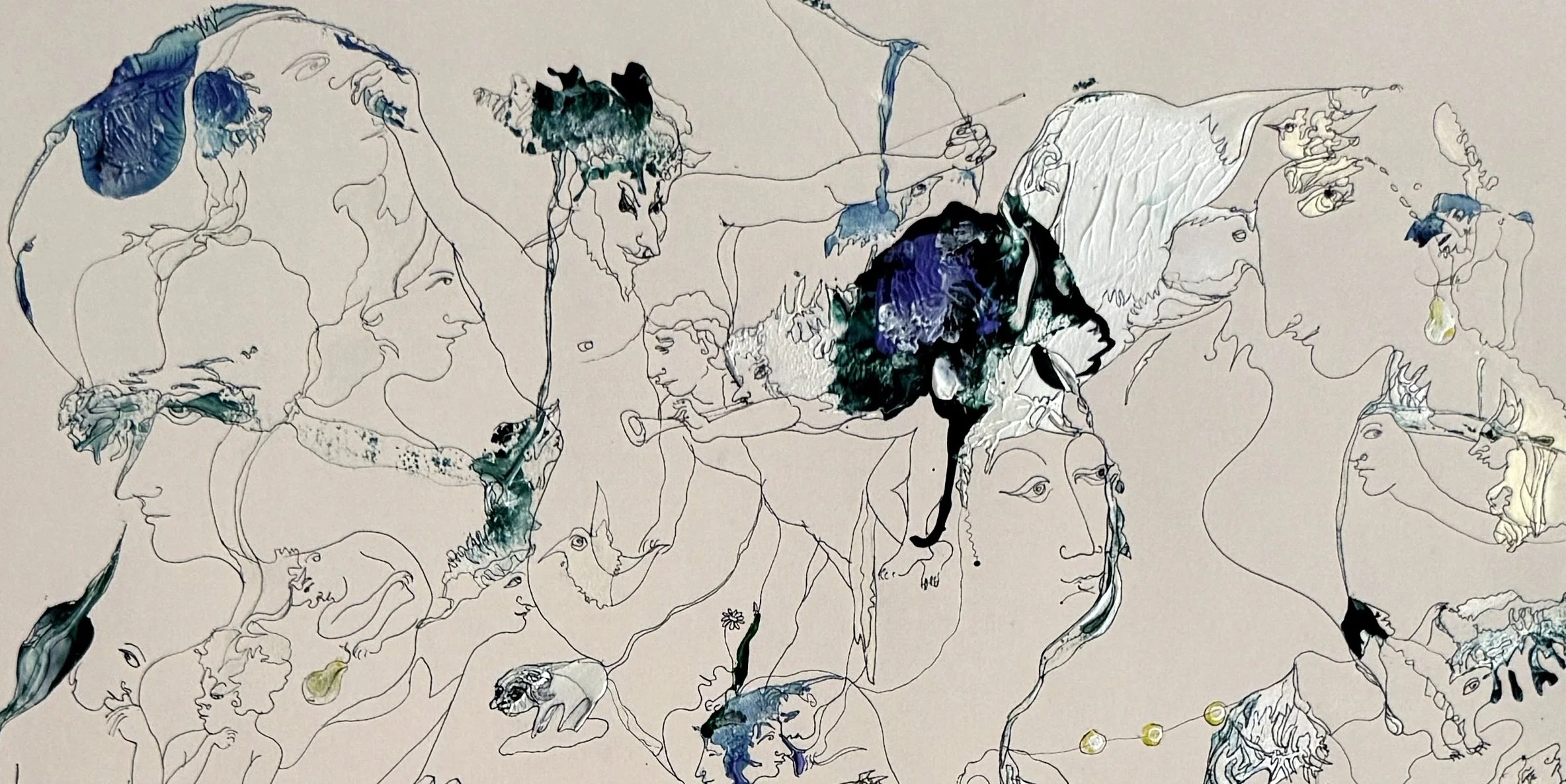 Center top detail of Intimacy of Emotion showing interconnected faces, mythological figures, animals, and flowing symbolic line drawing in acrylic and ink.