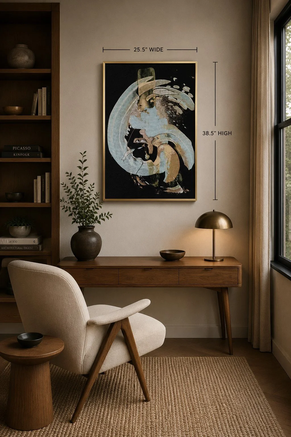 Framed limited edition tapestry "Alternate Universe" displayed in a contemporary home office above a walnut desk, dimensions 38.5 × 25.5 inches.