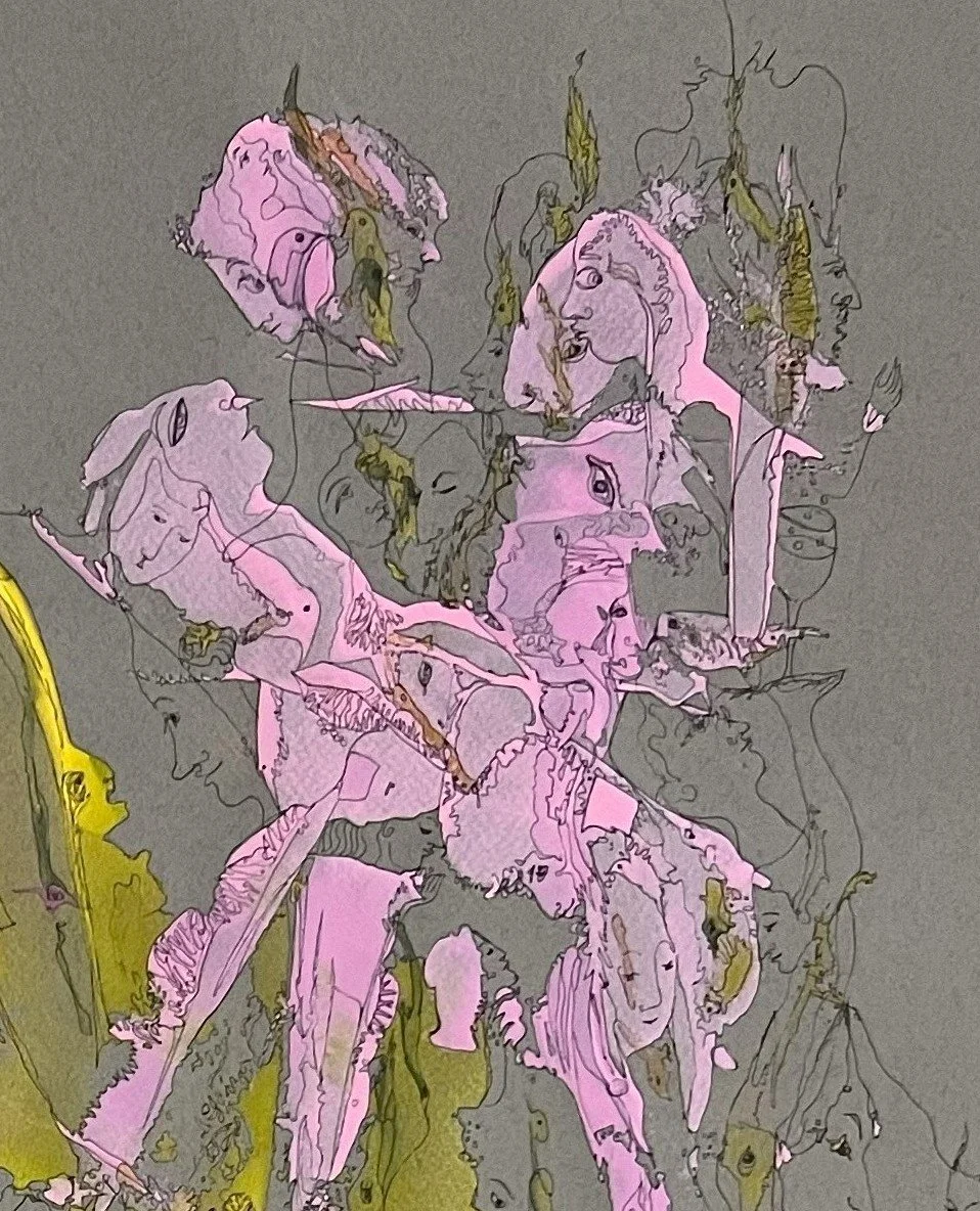 Top-right detail of Silent Language featuring intertwined surreal figures, hidden faces, and delicate symbolic forms exploring communication beyond words.