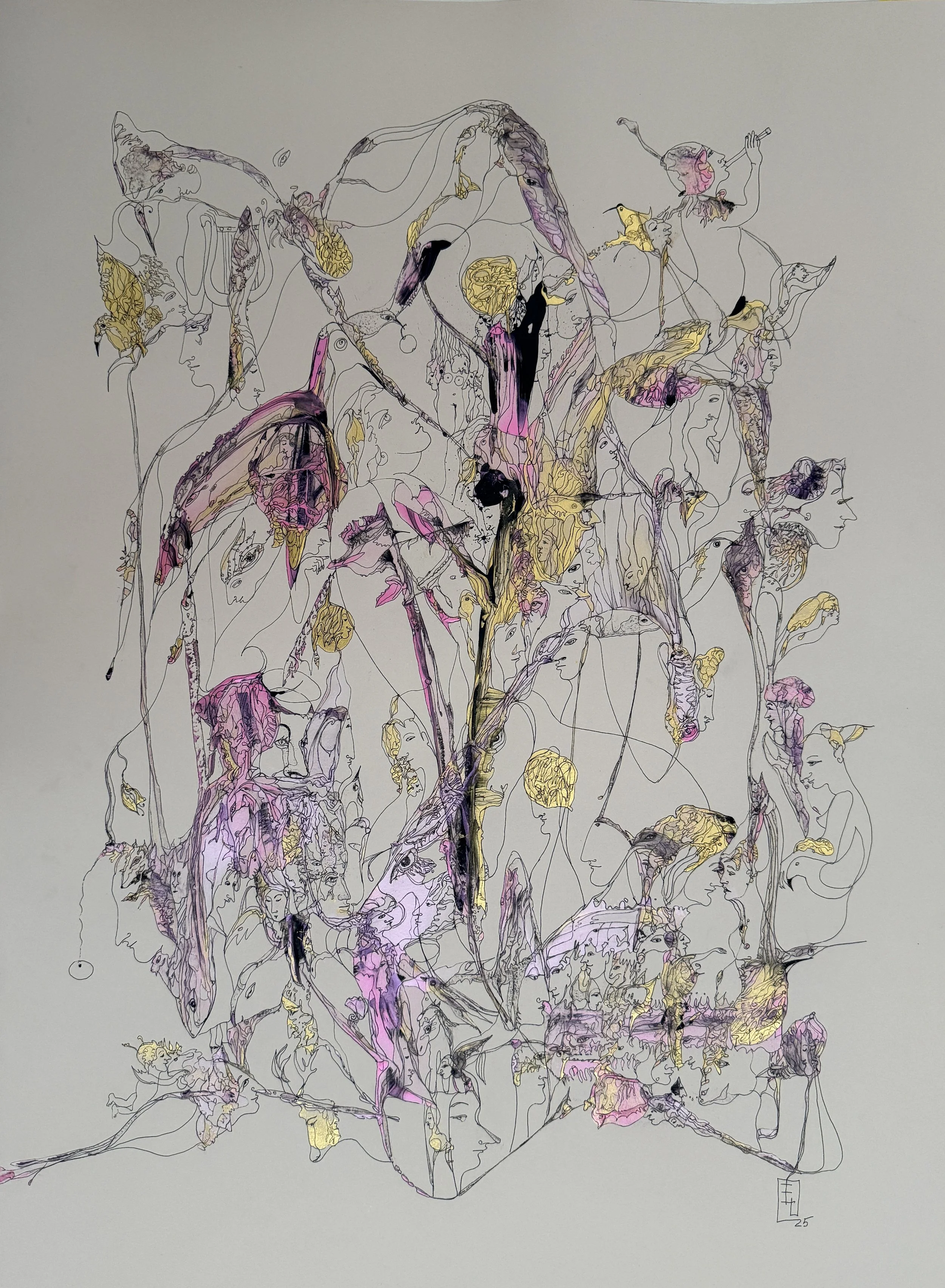 Charished Thoughts, 2025, Acrylic and Ink on Paper, 30x22.JPG