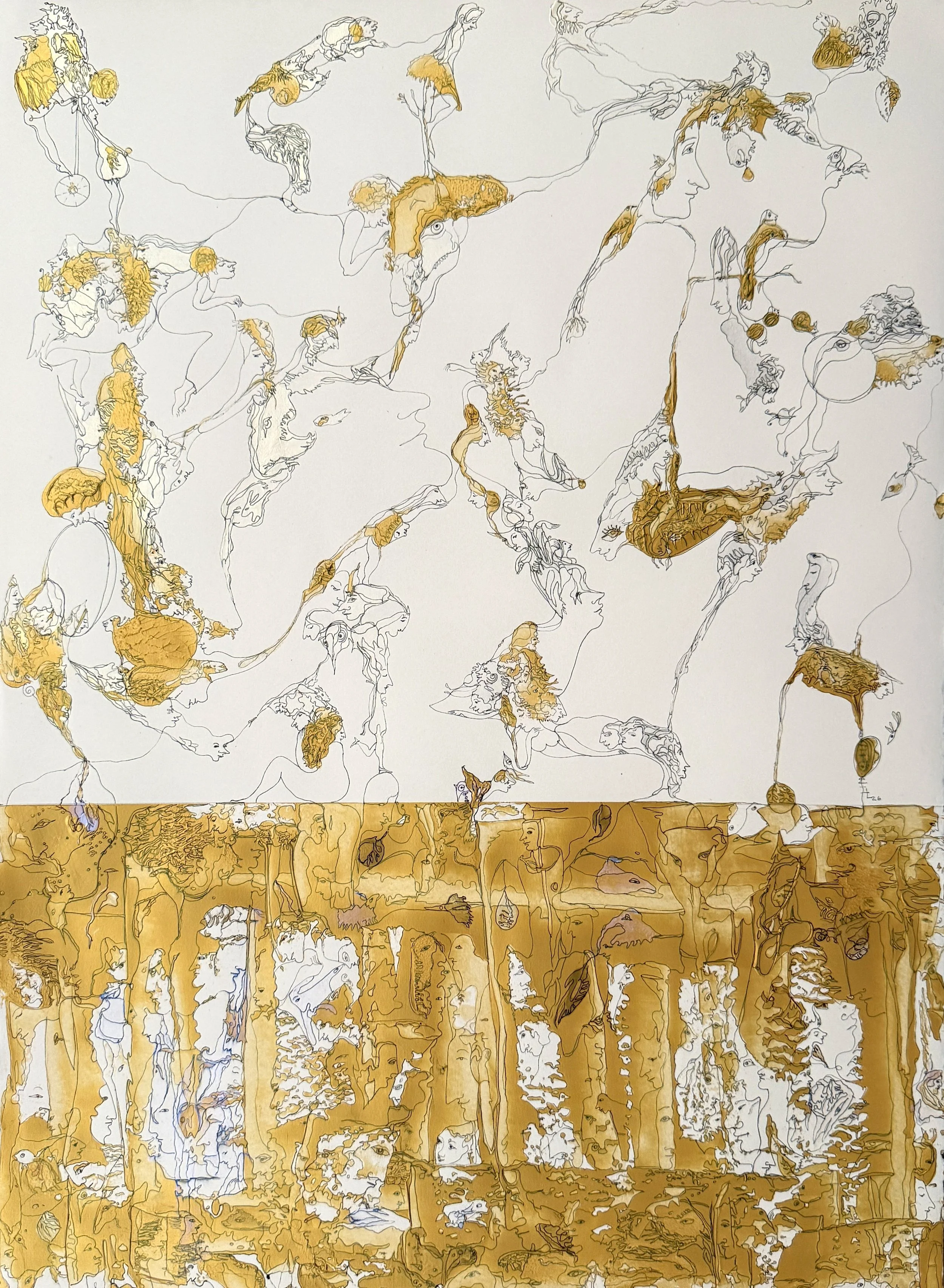Golden Dreams, 2026, Acrylic and Ink on Paper, 30x22, framed 35.5x27.5, $2200.jpg