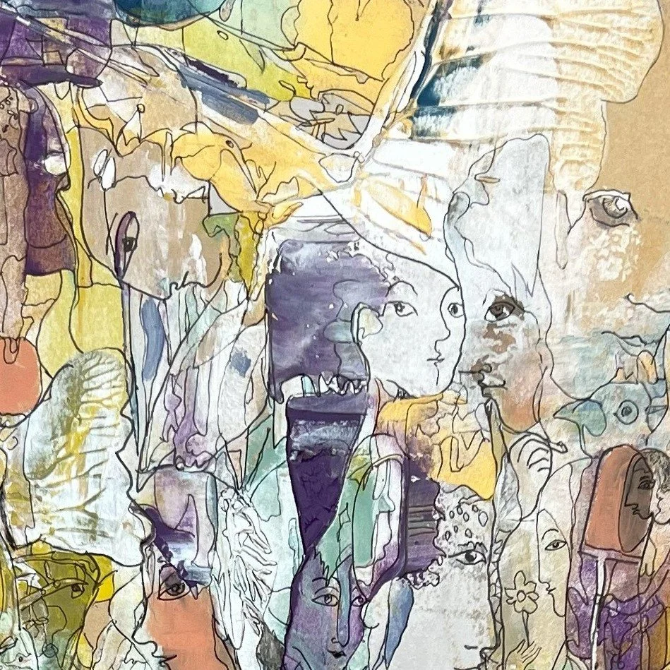 Center upper detail of Philosophic Meditation featuring layered symbolic faces, birds, luminous figures, and contemplative abstract forms in soft violet and gold.