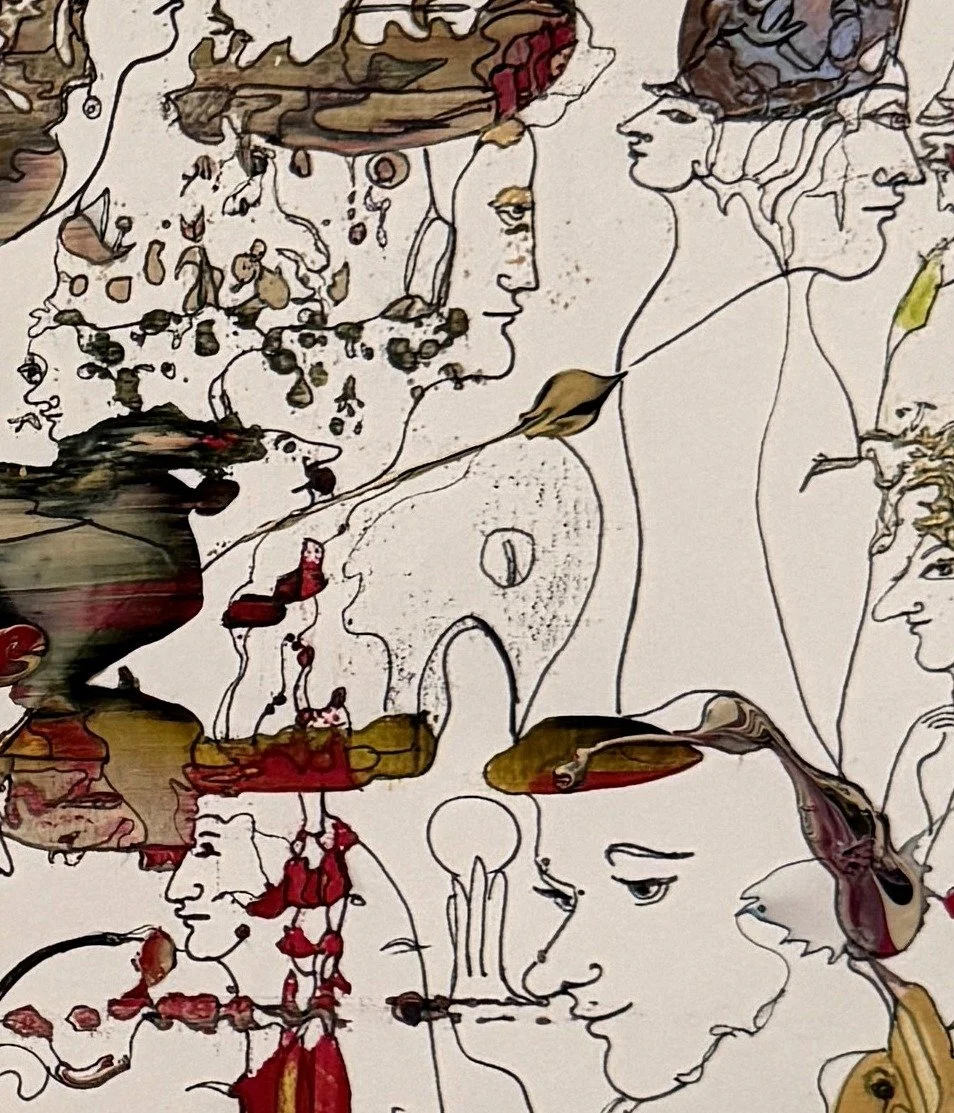 Center detail of Game showing symbolic faces, delicate line drawing, birds, and layered abstract figurative imagery