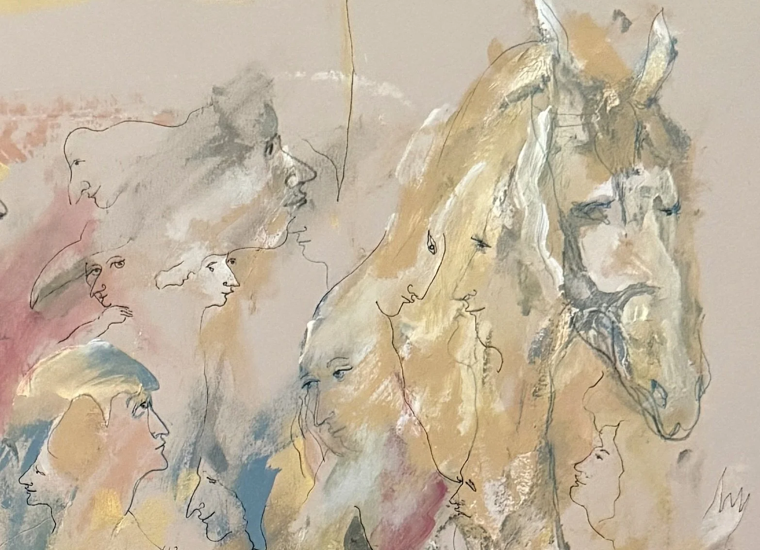Top right detail of Pastel Nocturne by Yelena Lezhen highlighting a symbolic horse, expressive human faces, delicate linework, and luminous pastel tones.