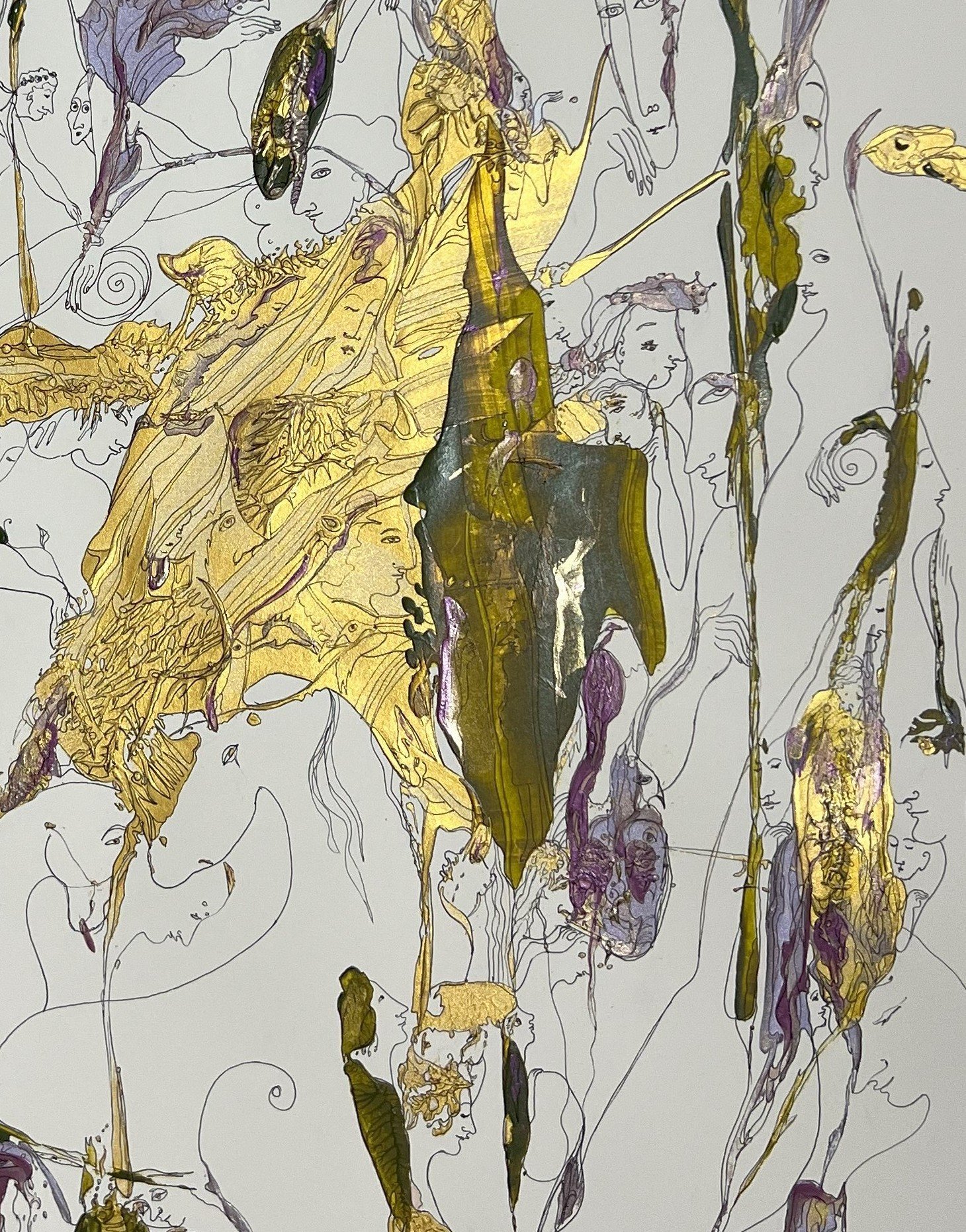 Lower center detail of Serenity featuring hidden portraits, botanical symbolism, layered gold textures, and elegant flowing lines in olive green and violet.