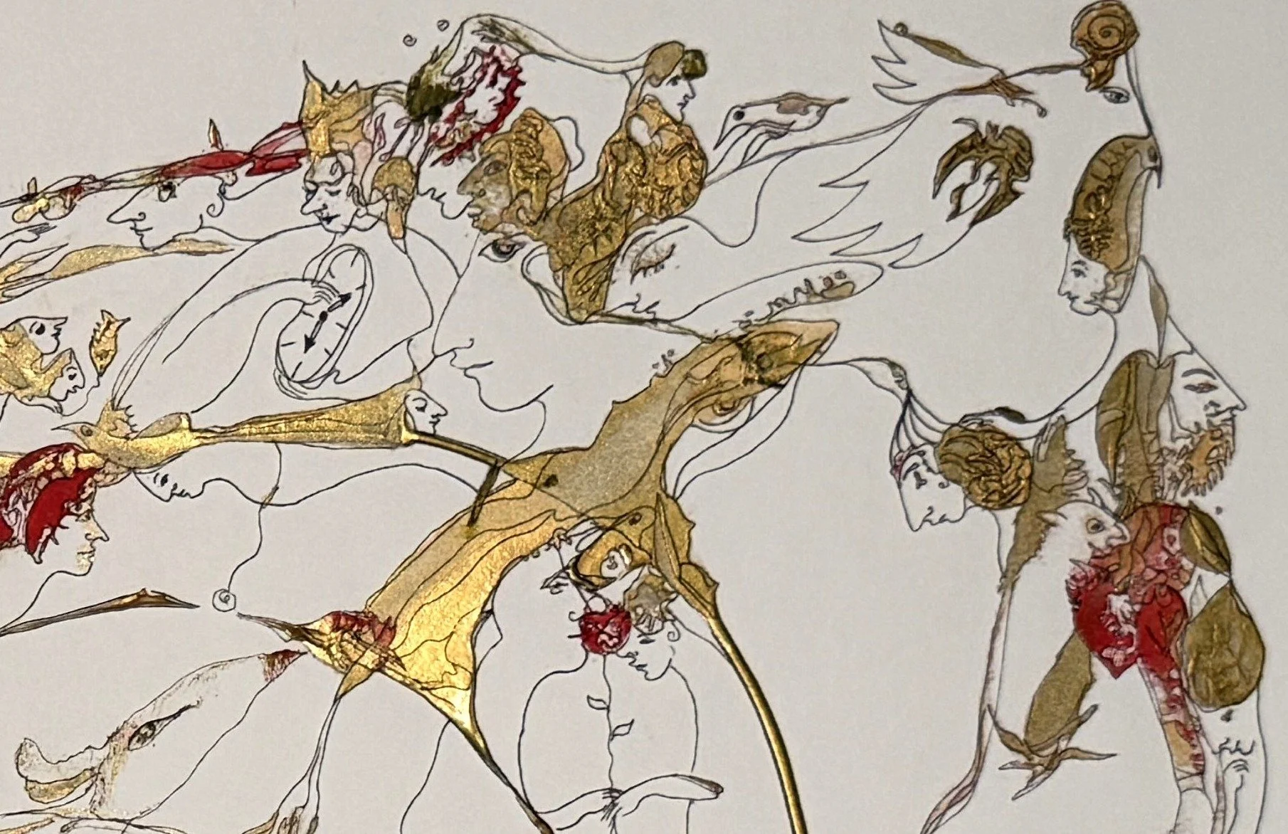 Top right detail of The Weave of Consciousness featuring symbolic figures, birds, golden organic forms, and expressive acrylic and ink drawing.