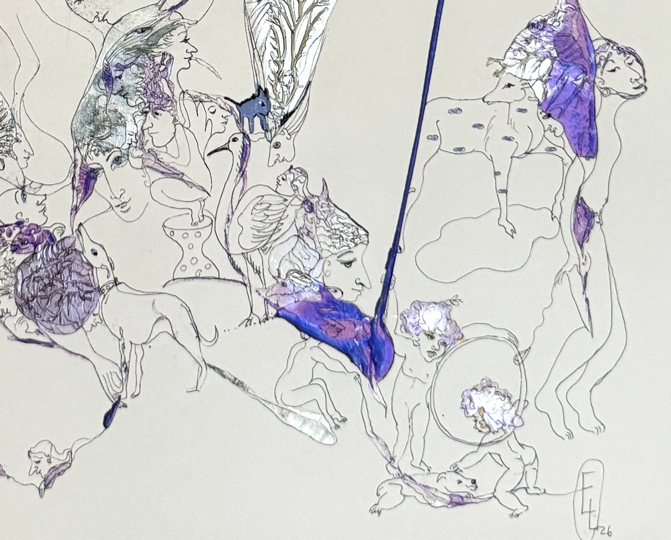 Bottom right detail of The Garden of Imagine Beings featuring mythical animals, symbolic human figures, delicate ink drawings, and violet abstract forms.