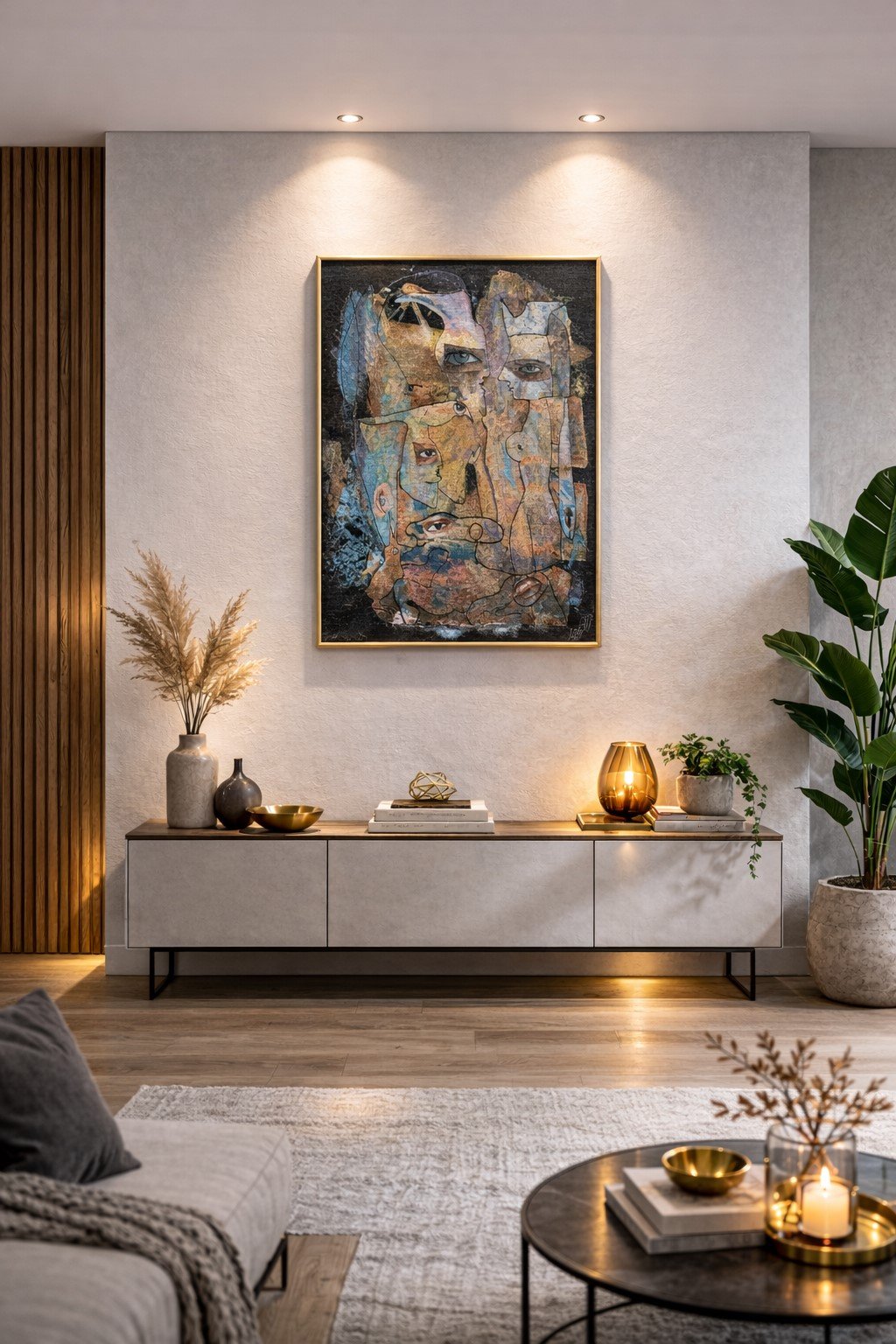 Framed limited edition tapestry "Camera Obscura" displayed above a contemporary console in a modern living room, serving as an elegant focal point.