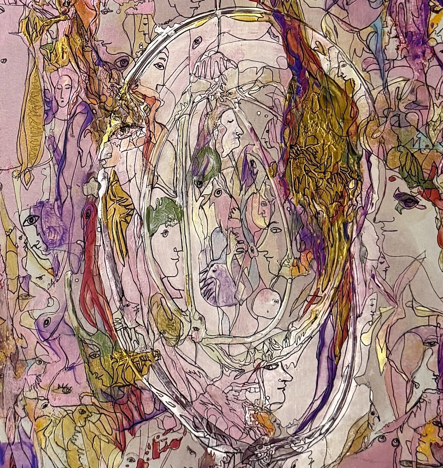 Center detail of Melody showing an oval sanctuary filled with hidden faces, birds, symbolic figures, and delicate surreal linework expressing harmony and human connection.