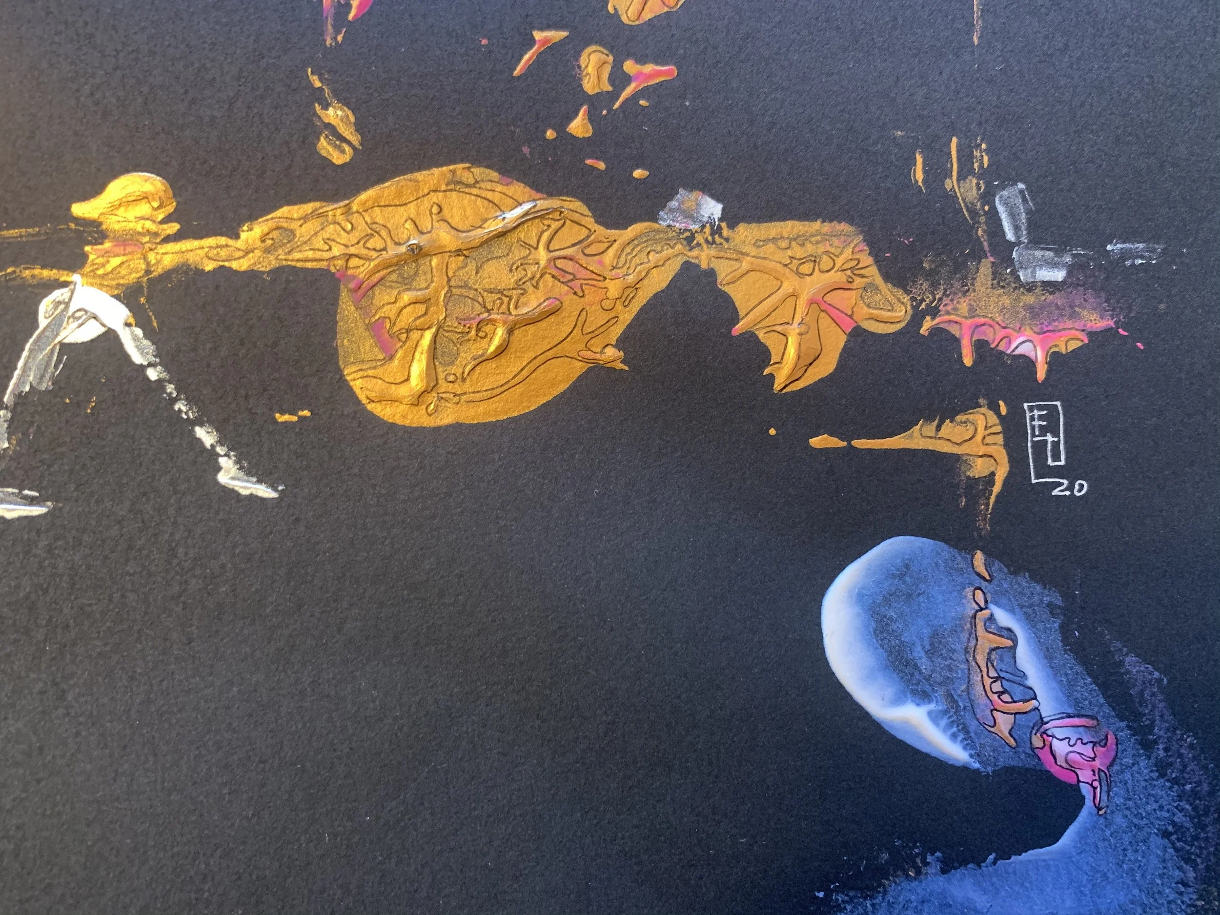 Bottom-right detail of Broken Time contemporary abstract painting showing golden symbolic forms, a floating blue orb, and abstract elements suggesting memory, transformation, and cosmic space