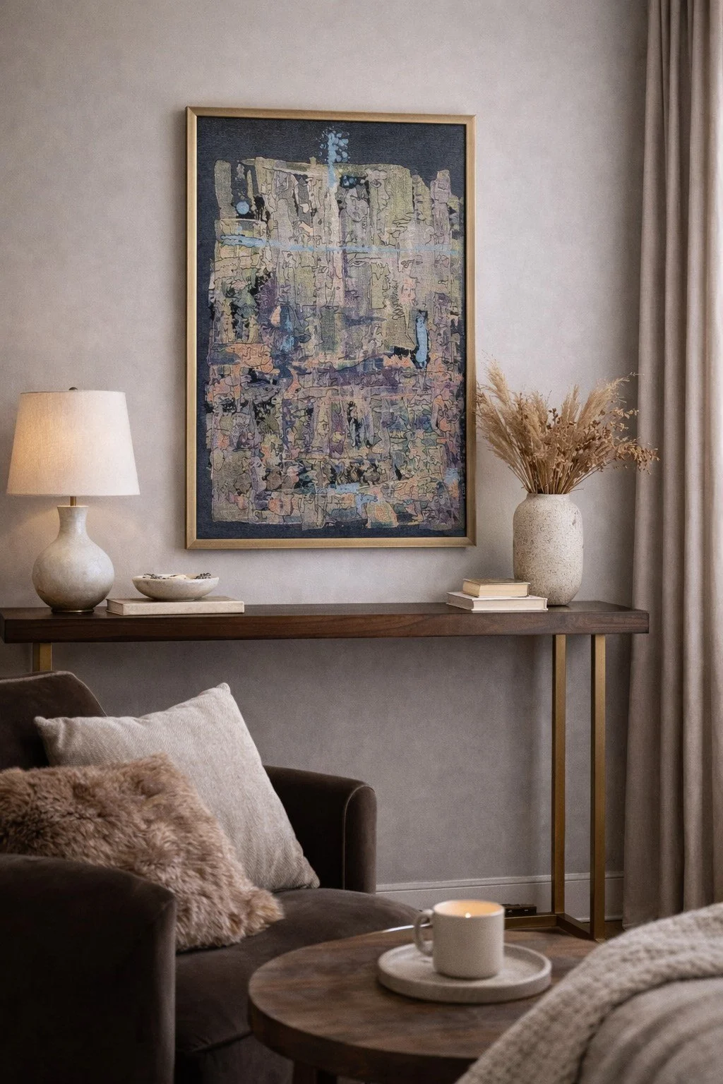 Framed limited edition tapestry "Mystery of Our Existence" displayed above a contemporary console table, creating an elegant focal point in a modern living room.