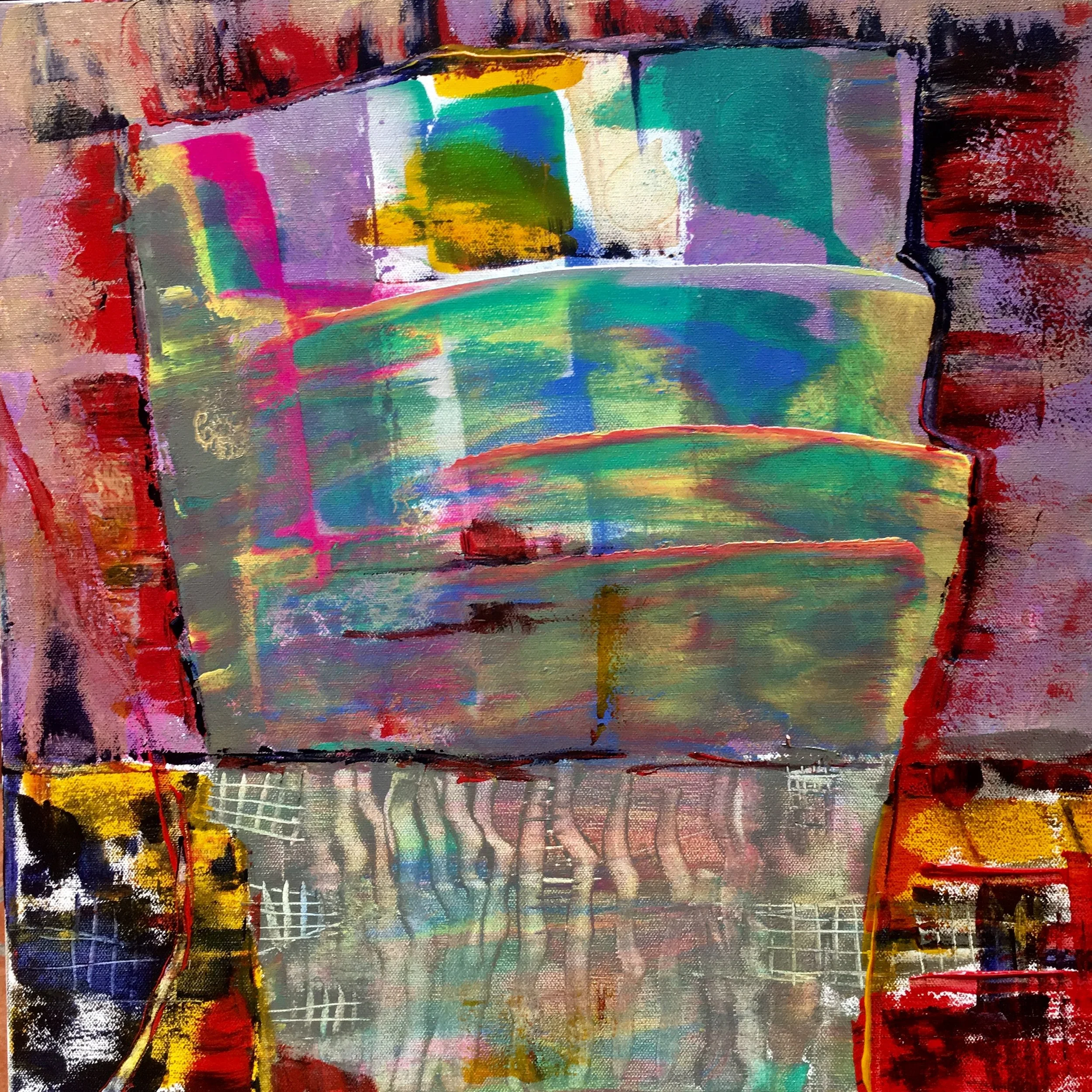 Half Full Half Empty, original acrylic painting on canvas by Yelena Lezhen featuring a symbolic abstract vessel in vibrant turquoise, green, red, gold, and violet tones.