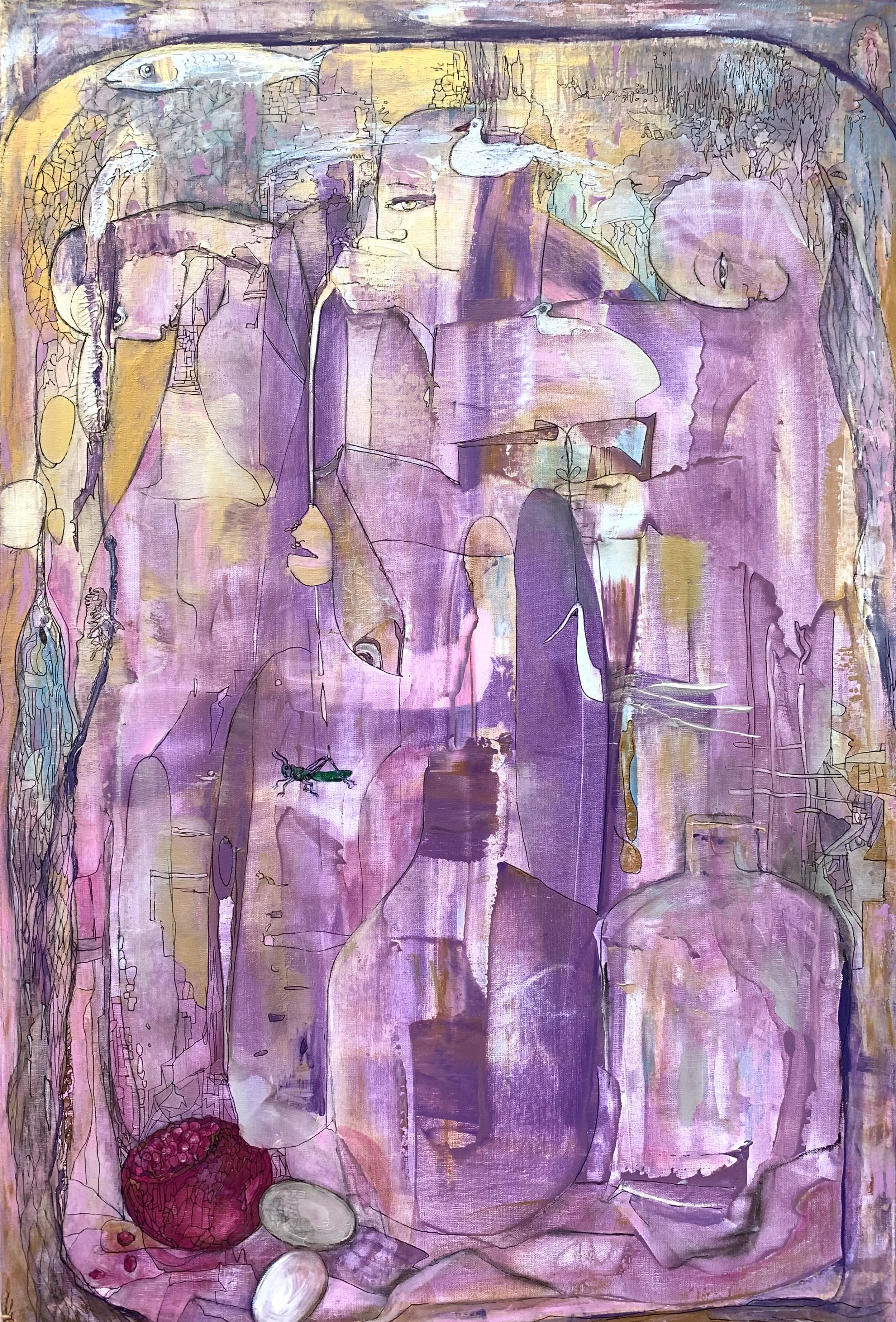 The Window, original symbolic figurative painting by Yelena Lezhen depicting three travelers passing before an unseen observer among layered faces, birds, fish, vessels, and architectural forms