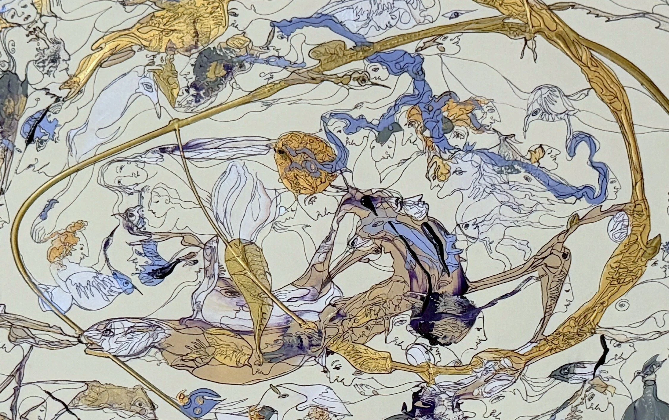 Center detail of The Cultivation of Wonder showing symbolic faces, birds, botanical forms, and flowing golden lines in acrylic and ink on paper.