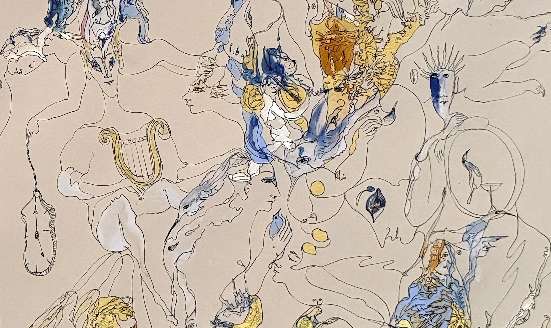Central detail of Music that Never Fades by Yelena Lezhen highlighting symbolic figures, a lyre motif, expressive linework, and delicate blue and gold abstract forms inspired by music.
