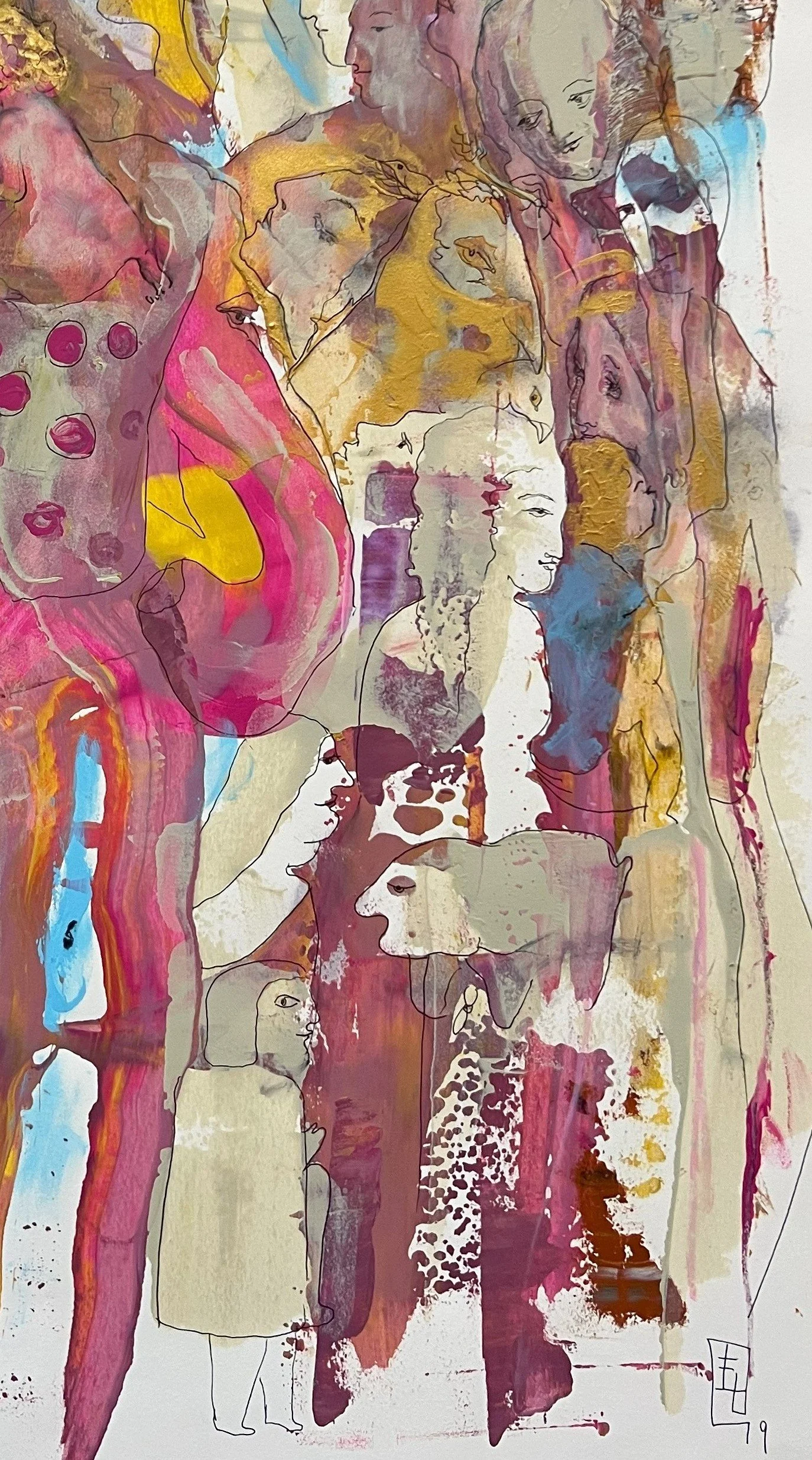 Lower right detail of Eternal Story highlighting hidden portraits, quiet figures, layered abstract forms, and warm magenta, gold, and cream tones.