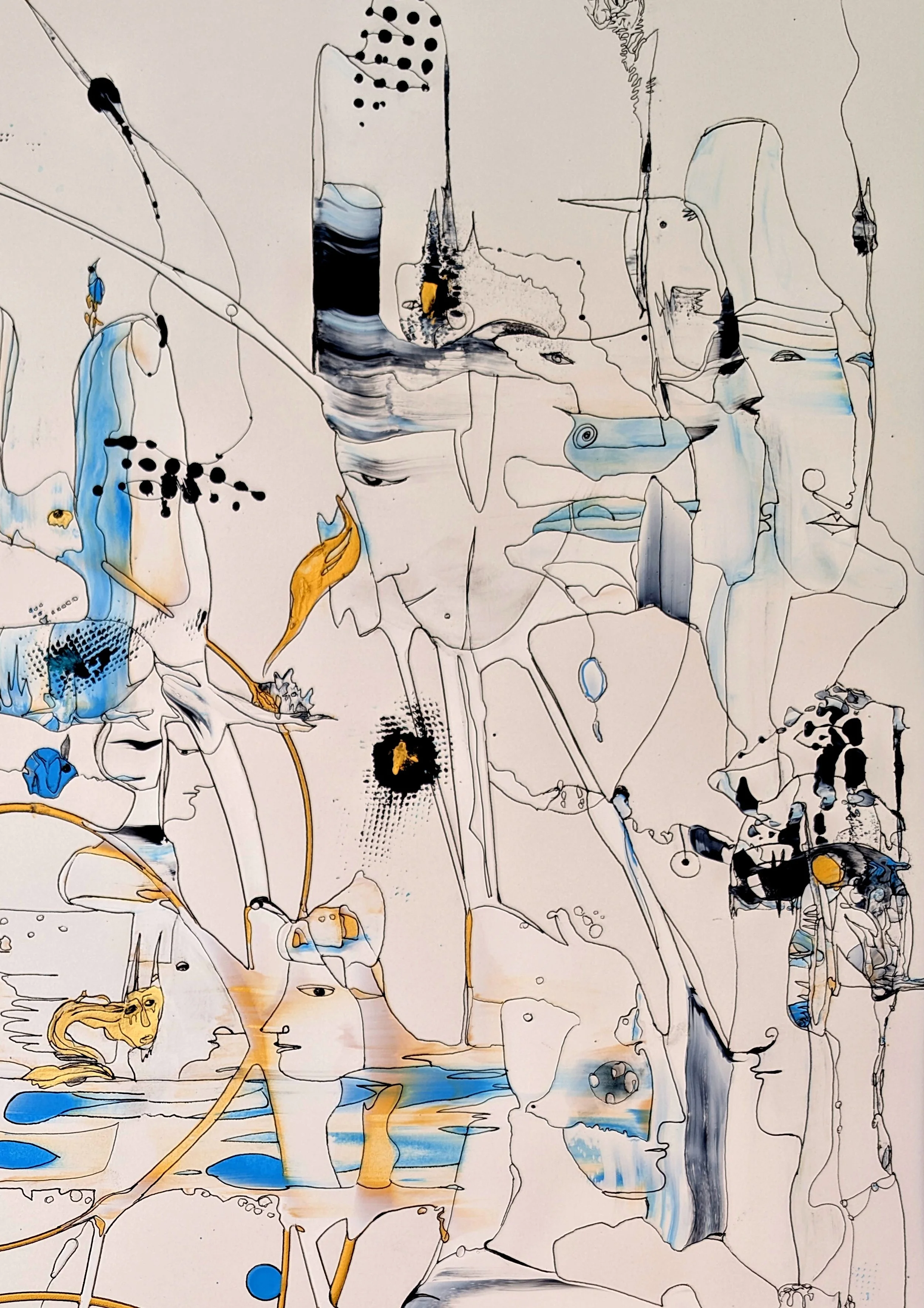 Top detail of Artificial Intelligence Challenge highlighting contemplative faces, abstract architectural forms, blue and black ink, and symbolic contemporary imagery