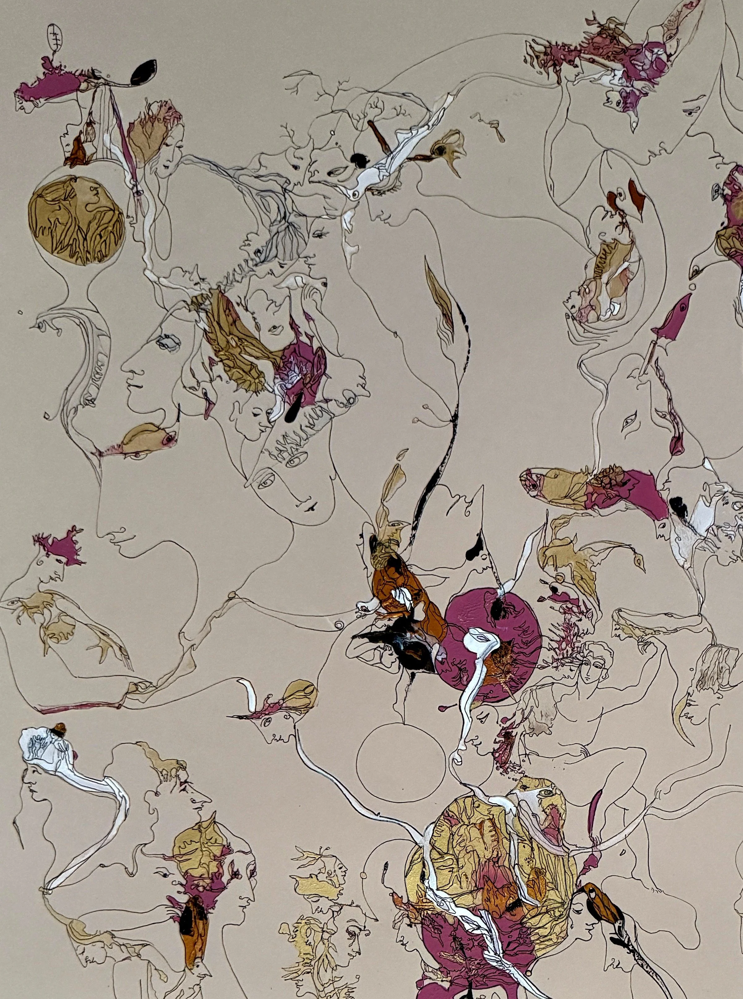 Central detail of Pink Poetry featuring intertwined human figures, symbolic imagery, flowing abstract lines, and luminous pink and gold accents by Yelena Lezhen.