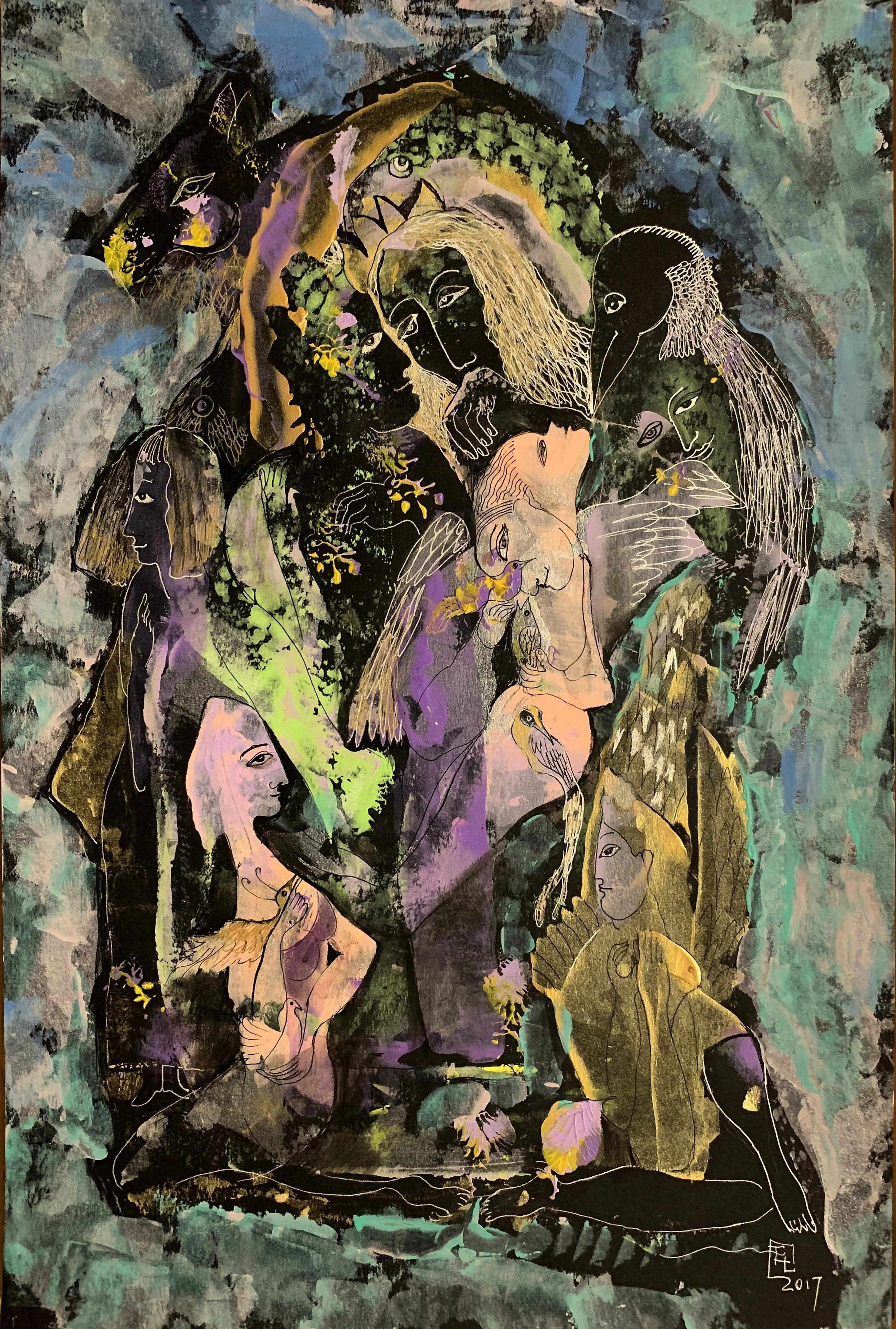 Magic Bird, original acrylic and ink painting on paper by Yelena Lezhen featuring symbolic human figures, birds, and dreamlike imagery in blue, green, violet, and gold tones.