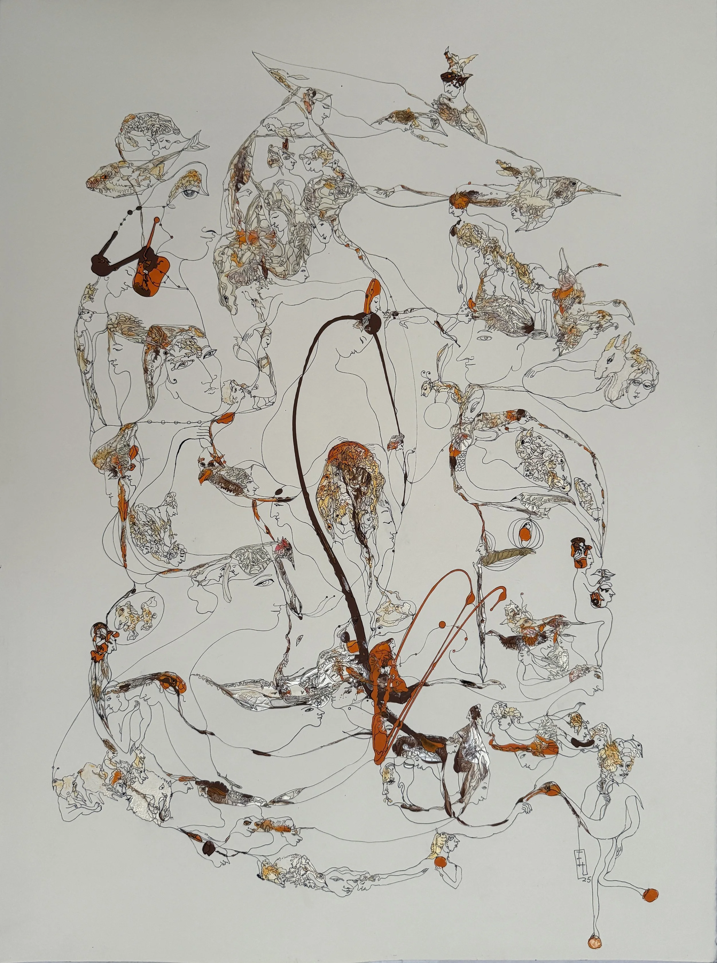 Orange Thoughts, 2025, Acrylic and Ink on Paper, 30x22.JPG