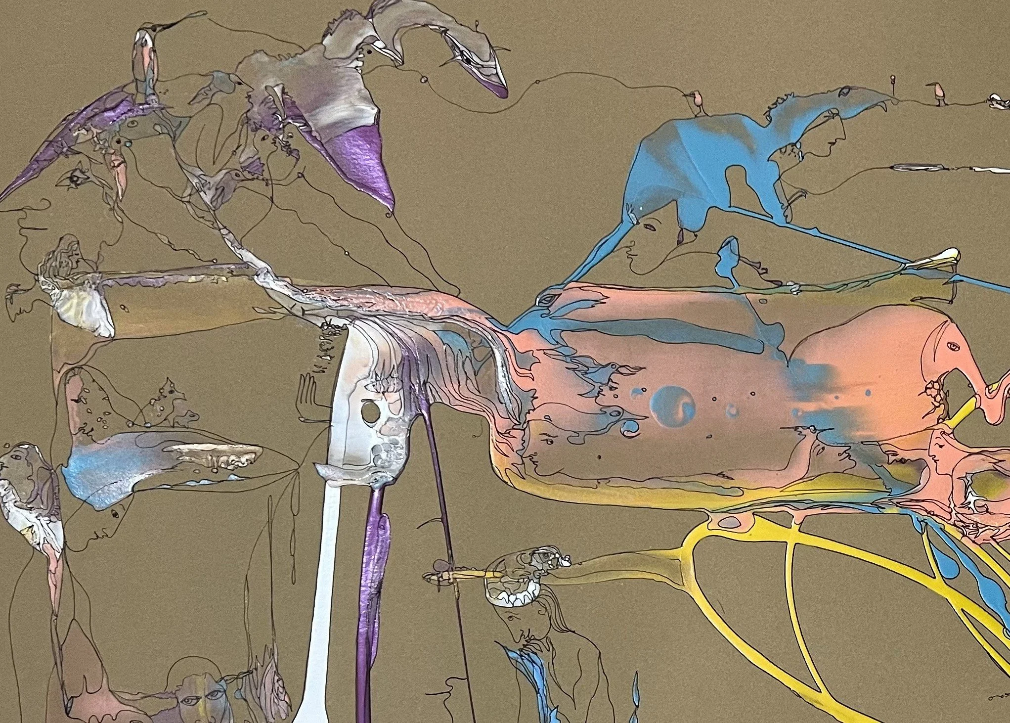 Center left detail of Realm of Harmony featuring layered portraits, birds, and flowing symbolic forms in ink and acrylic.