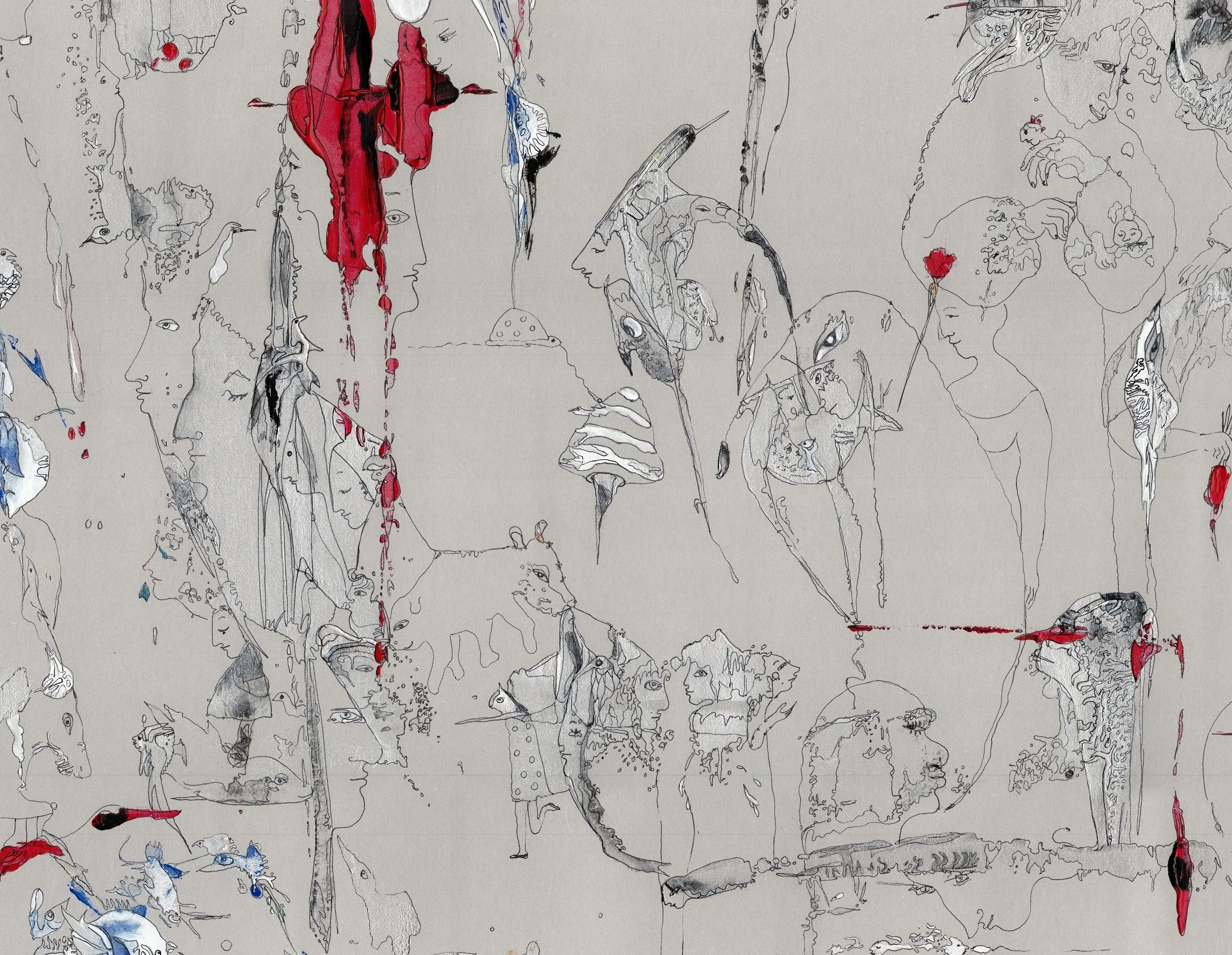 Center left detail of Self-Awareness featuring symbolic figures, animals, and layered surreal imagery drawn in fine ink with acrylic accents.