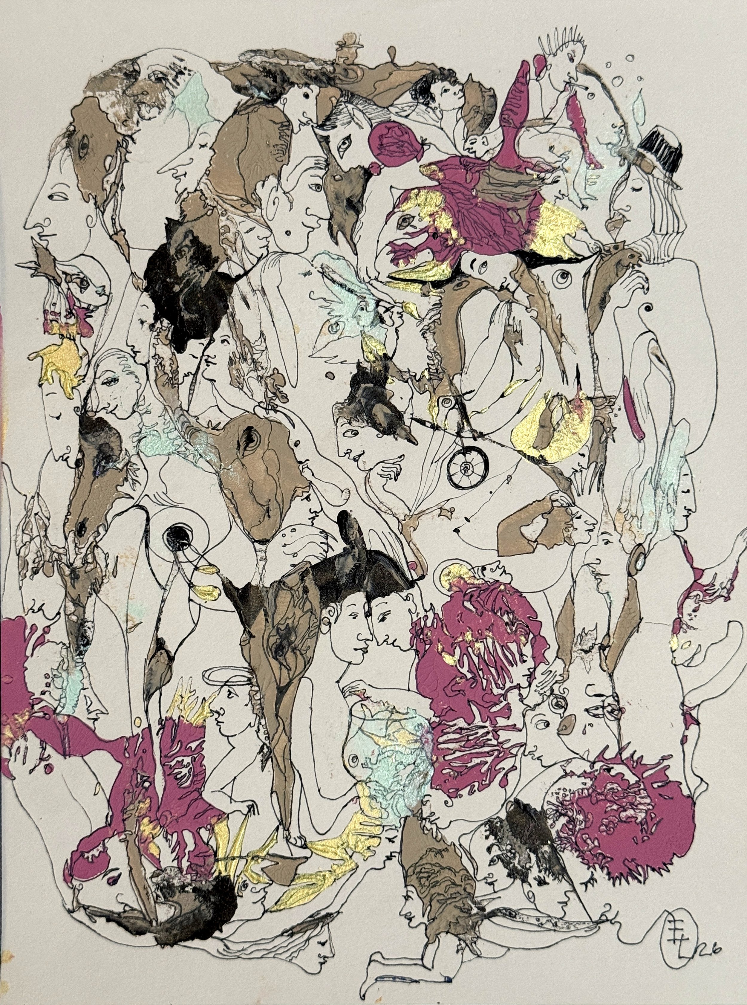 Shared Imagination, original acrylic and ink painting on paper by Yelena Lezhen featuring symbolic faces, birds, and surreal figurative forms in a richly detailed visionary composition.