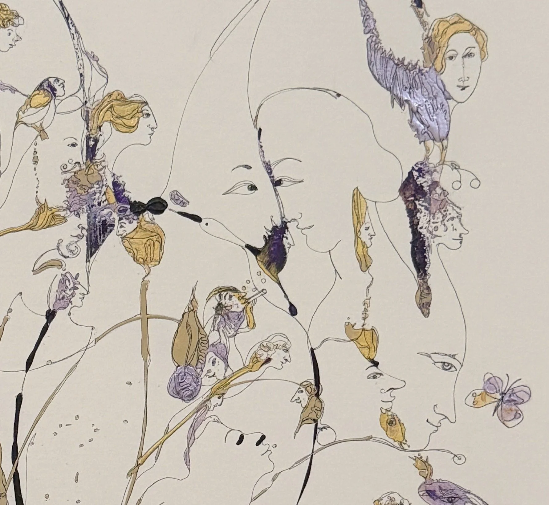 Top right detail of Chopin (Nocturn) featuring elegant symbolic faces, birds, and delicate acrylic and ink linework expressing the quiet mood of a nocturne.