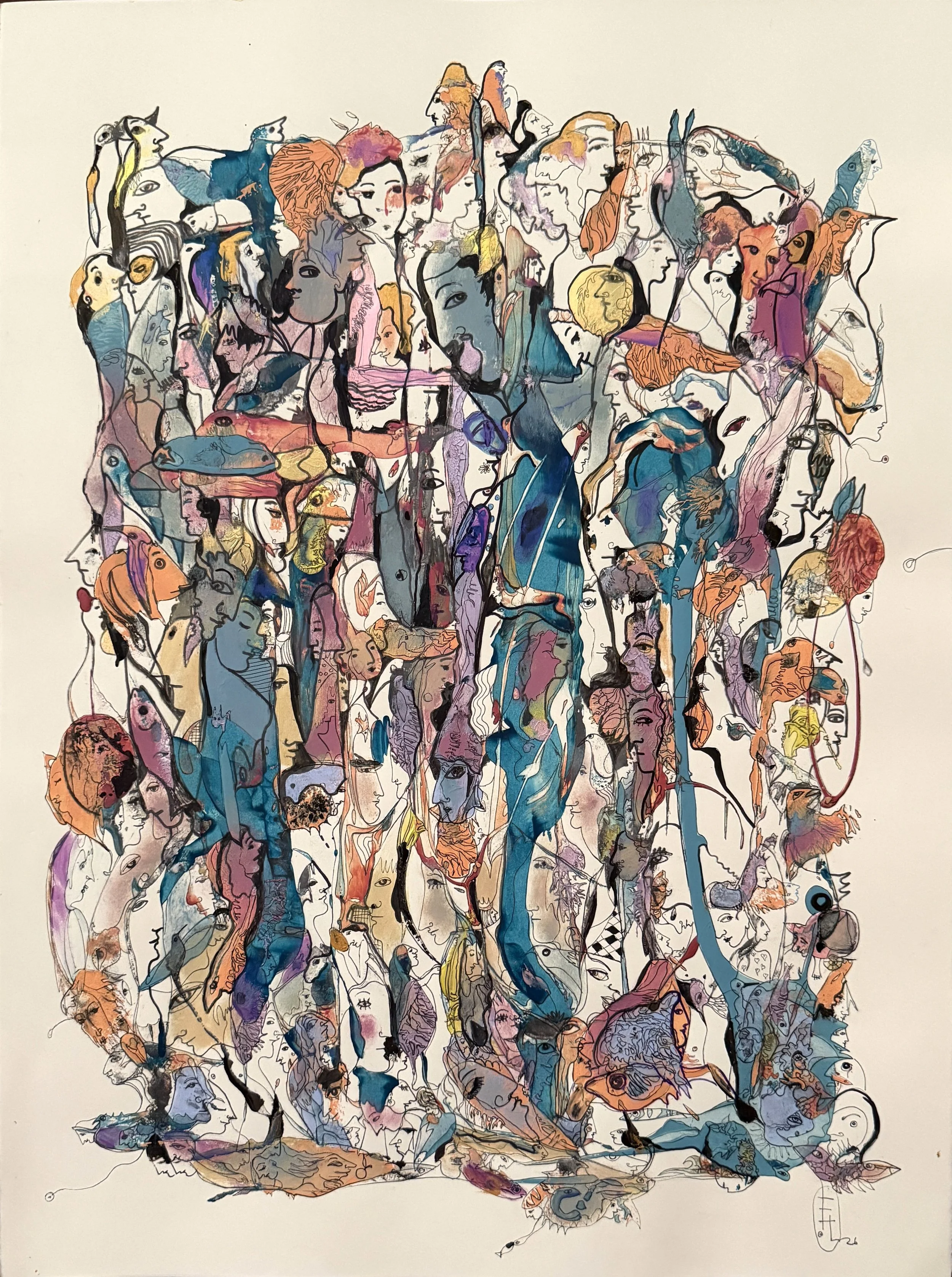 Close-up detail of Cage of Mind by Yelena Lezhen showing intricate abstract forms, symbolic figures, and textured composition.