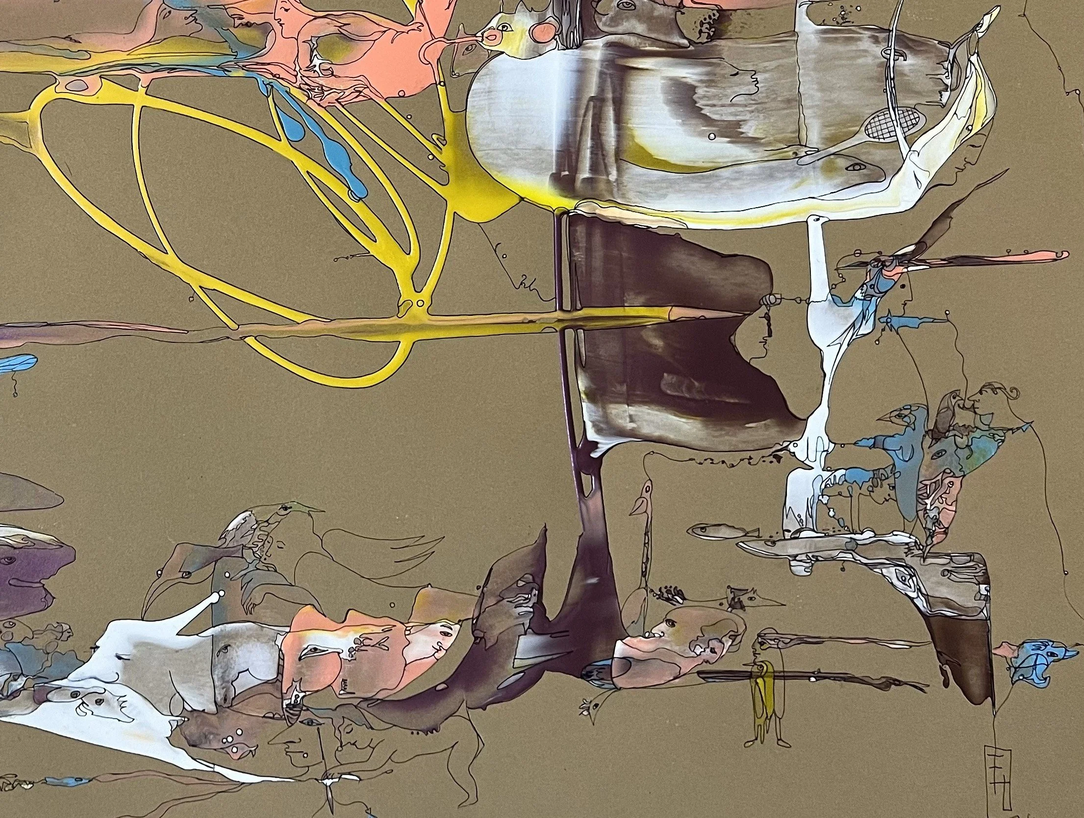 Center right detail of Realm of Harmony highlighting abstract architectural forms, hidden faces, birds, and symbolic interconnected imagery.