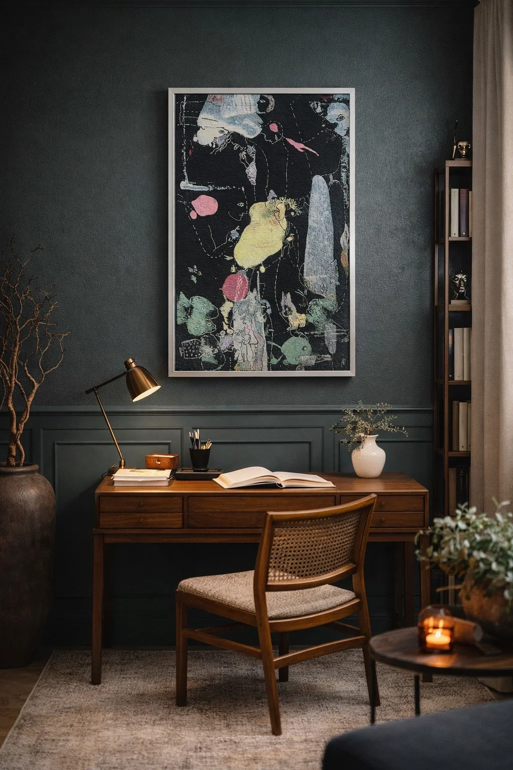 Framed limited edition tapestry "Childhood Dreams" displayed in a contemporary home office above a wooden desk, creating a dramatic artistic focal point.