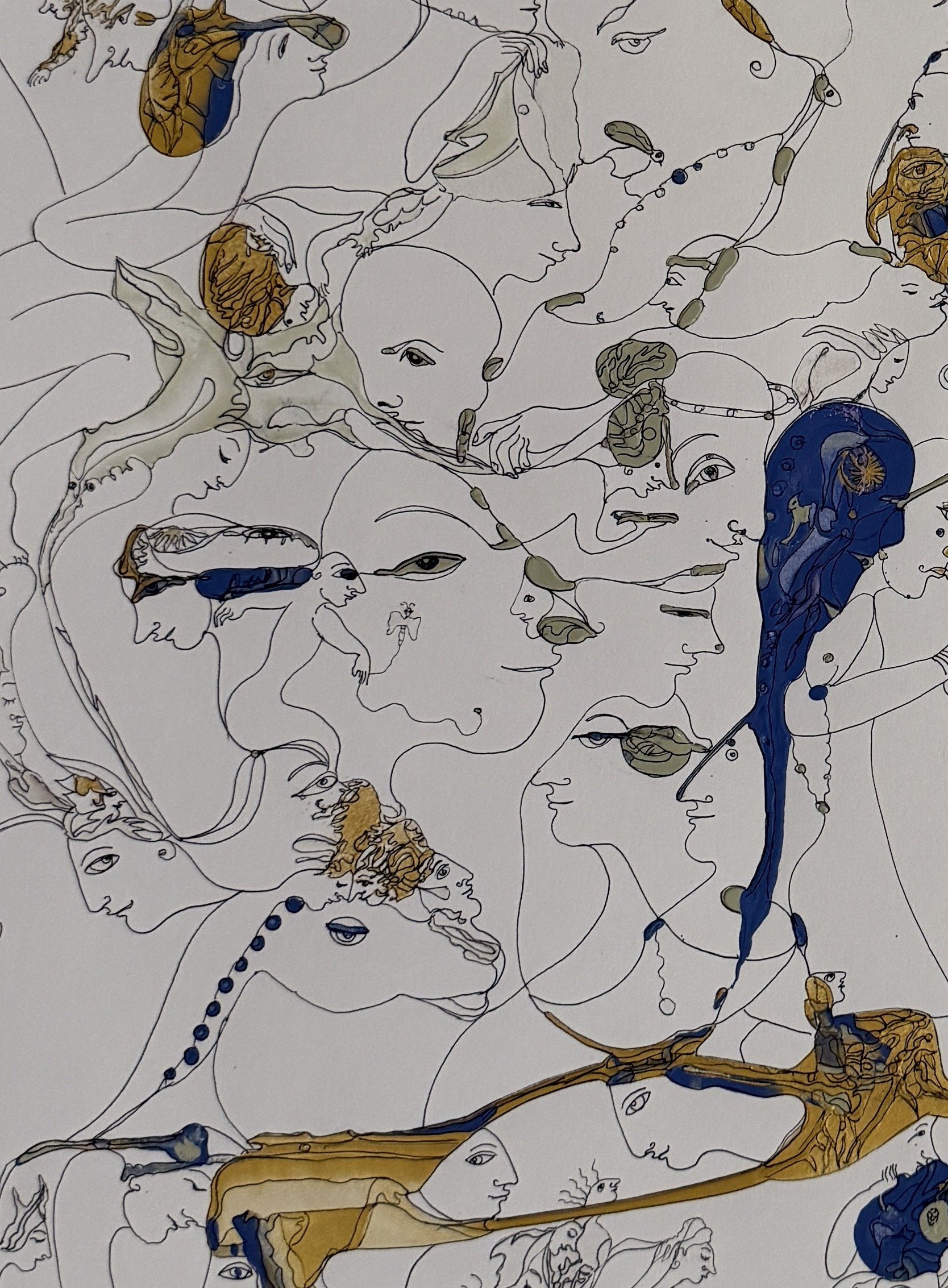 Center-left detail of Emotional Elegance featuring layered human profiles, symbolic faces, flowing linework, and blue and gold accents.