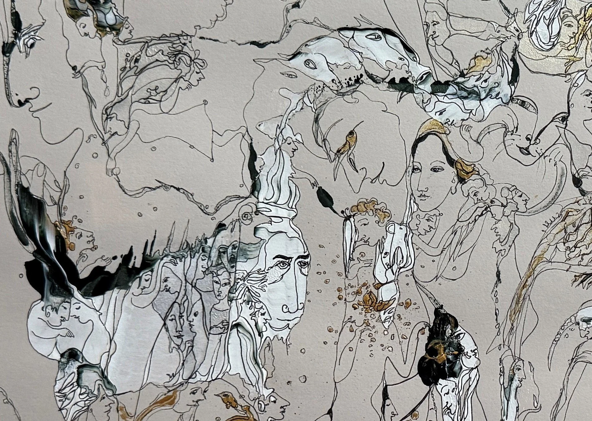 Down right detail of Conversation with Conscience featuring hidden portrait profiles, symbolic imagery, flowing line work, and gold-accented abstract forms.