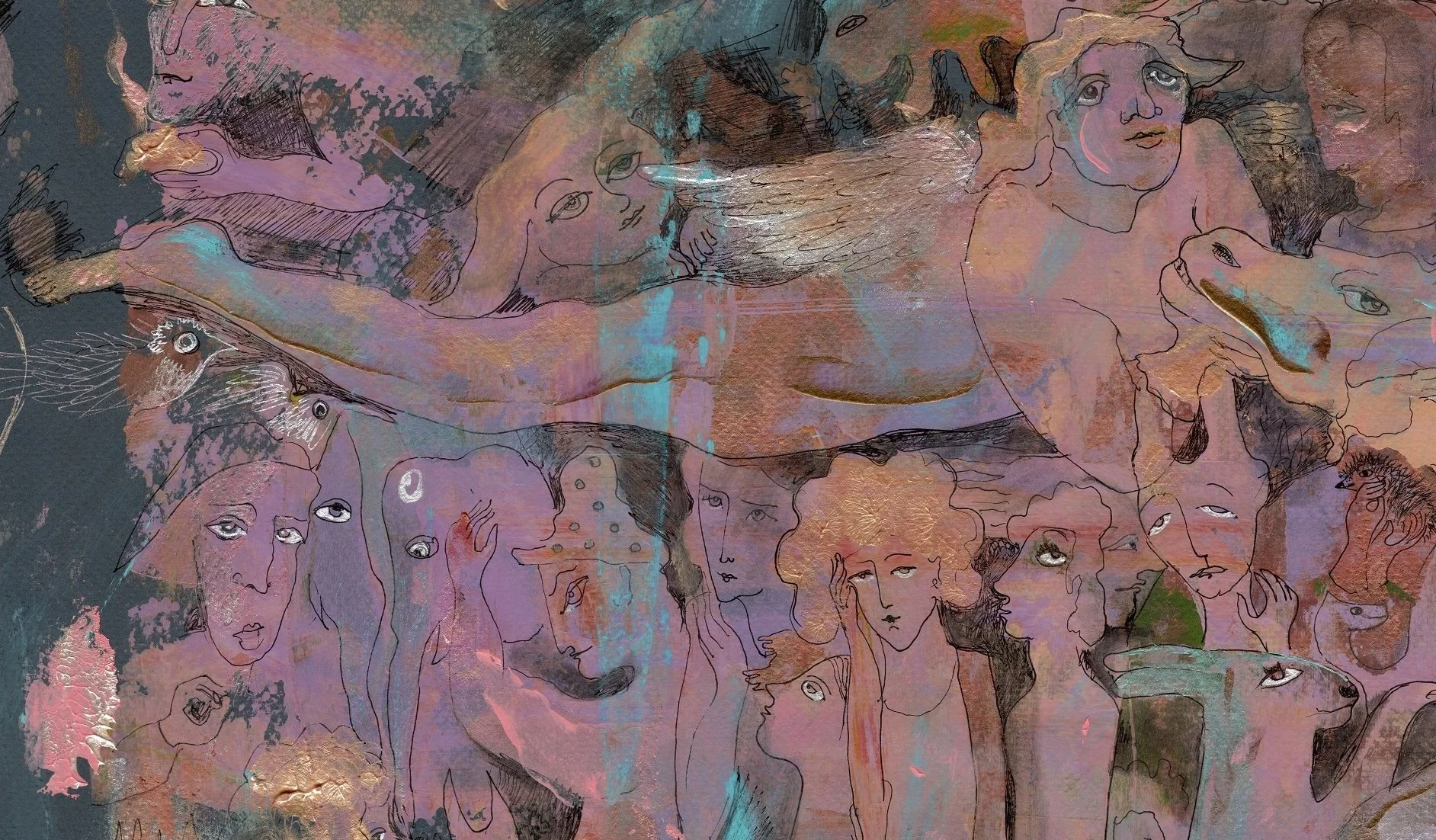 Upper left detail of Dance with Time featuring expressive portraits, birds, symbolic figures, and luminous layered textures.