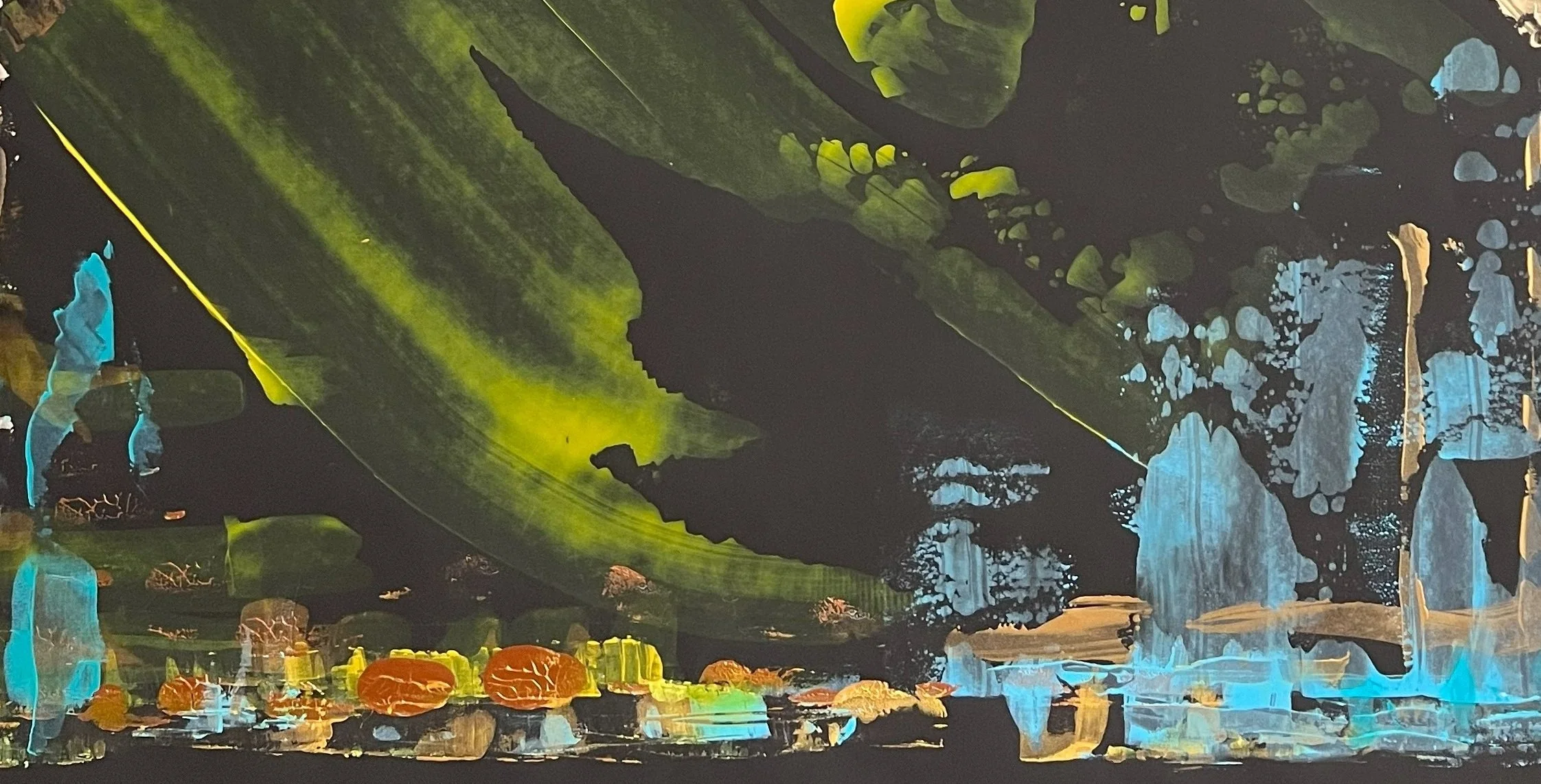 Bottom-center detail of Infinity showing luminous green abstract forms, layered blue textures, and expressive contemporary painting suggesting natural landscapes and flowing energy.