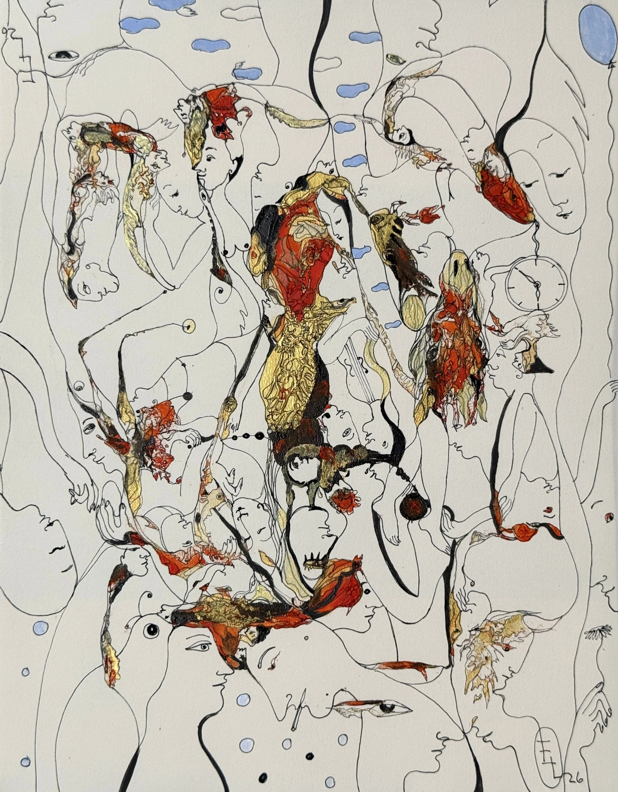 Blue Clouds, original acrylic and ink painting on paper by Yelena Lezhen featuring symbolic faces, floating blue clouds, organic forms, and surreal figurative imagery.